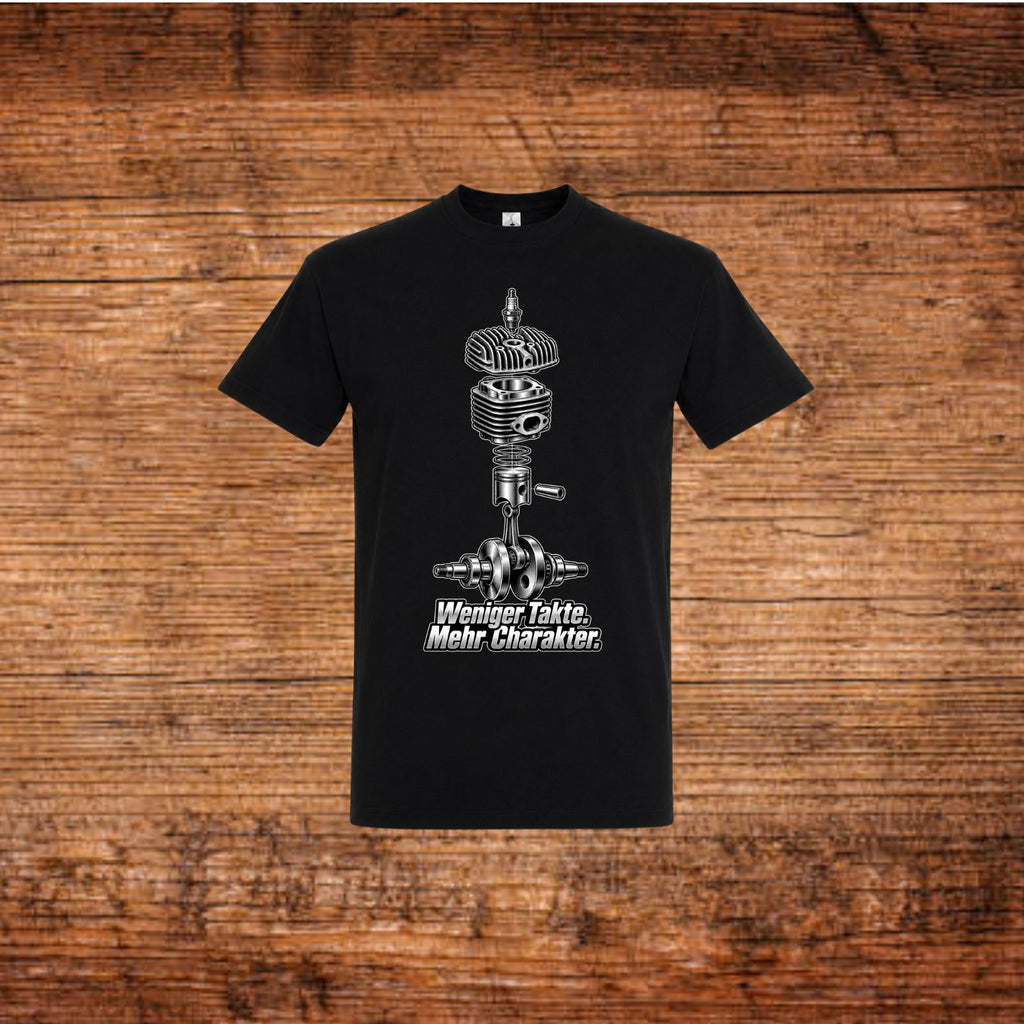 Schwarzes Mofa-T-Shirt mit Zweitakt-Motor-Print vorn