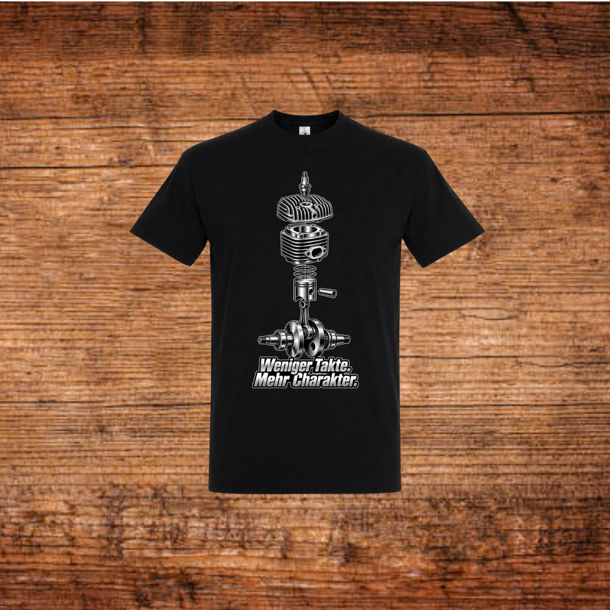 Schwarzes Mofa-T-Shirt mit Zweitakt-Motor-Print vorn
