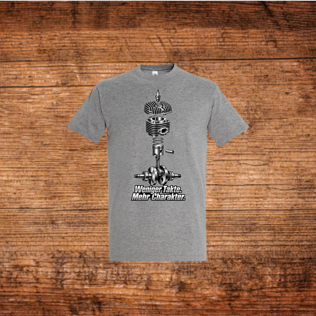 Graues Mofa-T-Shirt mit Motor- und Schriftzug-Print vorn