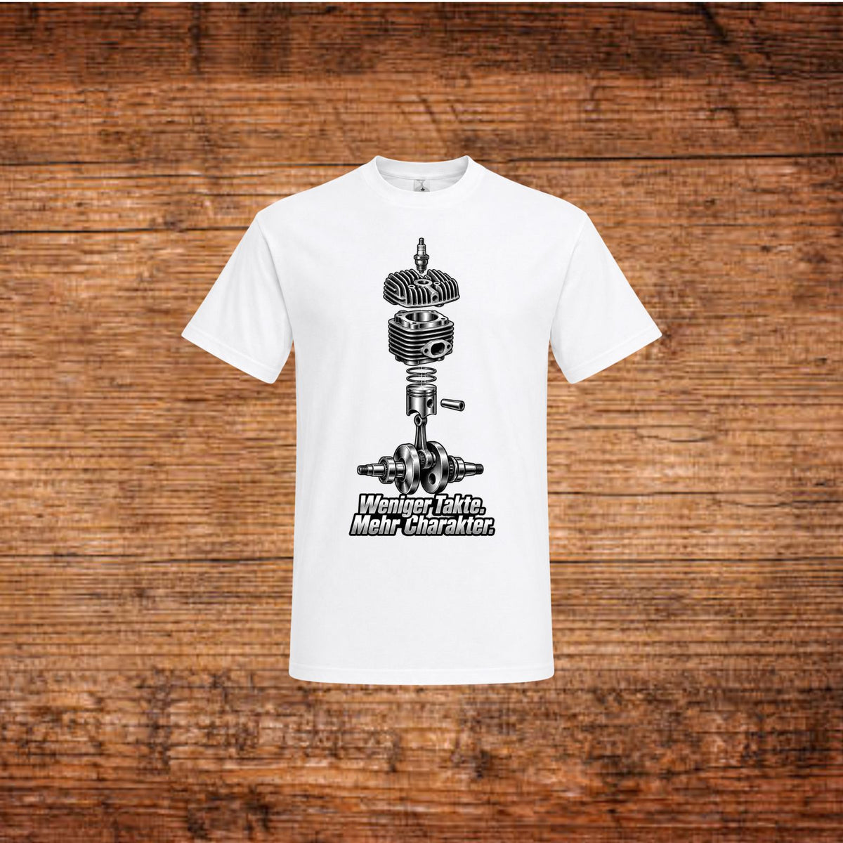 Weißes Mofa-T-Shirt mit Motor- und Schriftzug-Print vorn