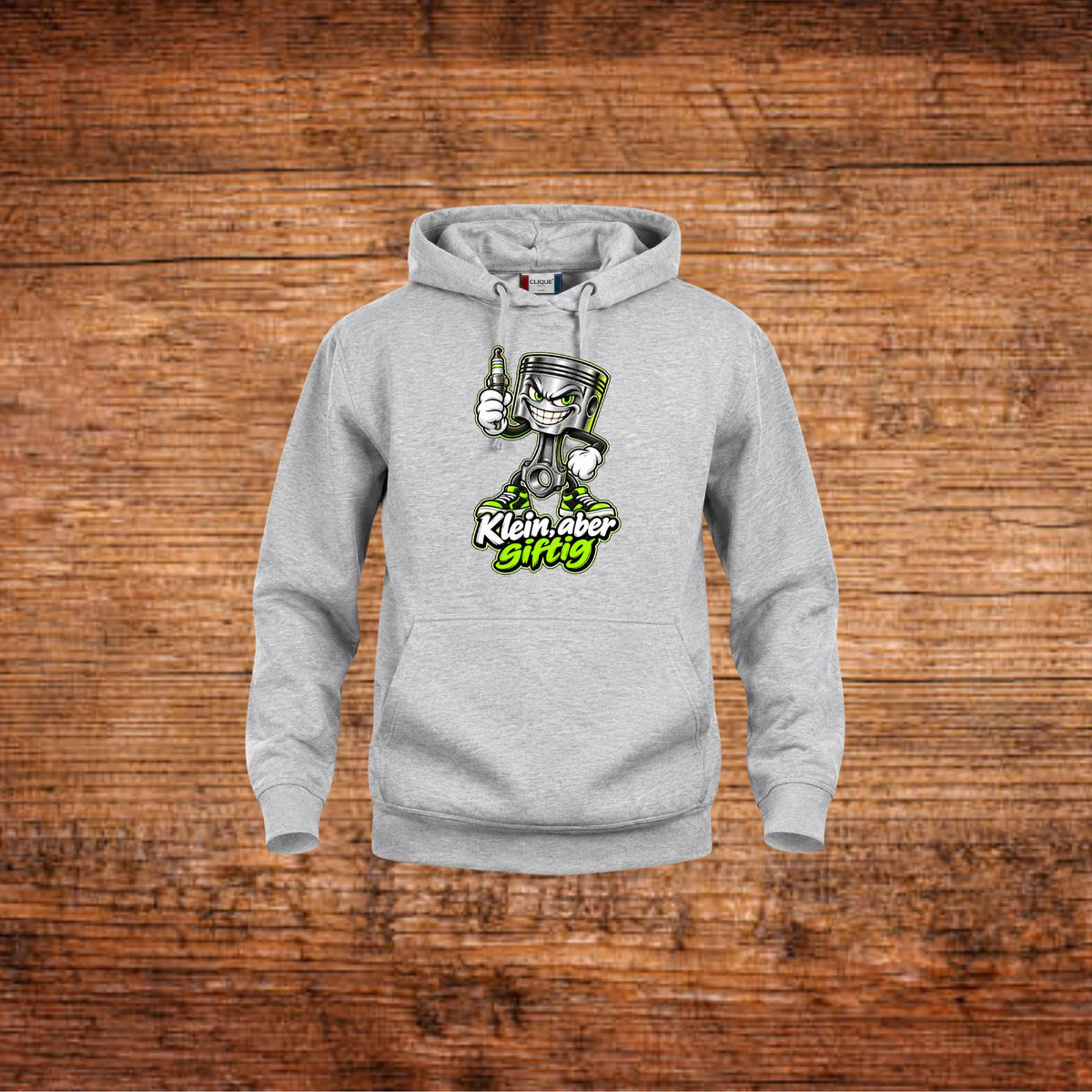 Grau melierter Hoodie mit Kapuze und Kolben-Motiv auf der Brust
