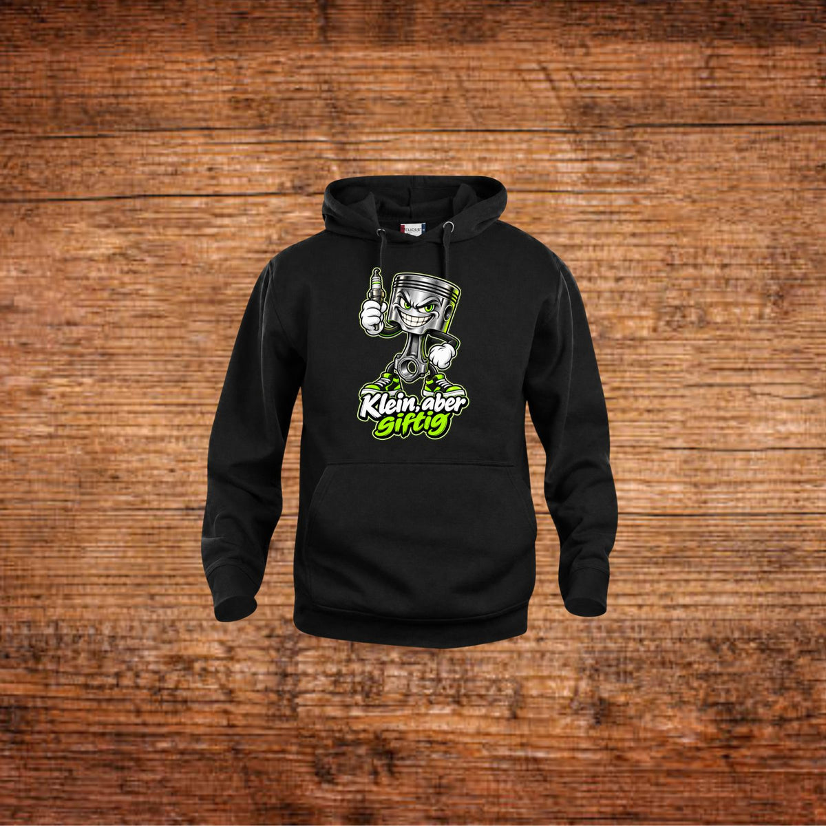 Schwarzer Hoodie mit Kapuze und Kolben-Aufdruck auf der Vorderseite