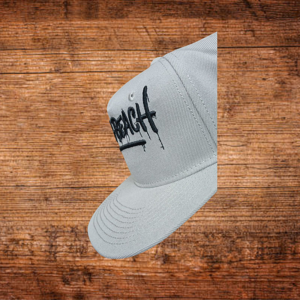 Grau Snapback-Mütze, Seitenansicht mit Stickerei „Long Beach“