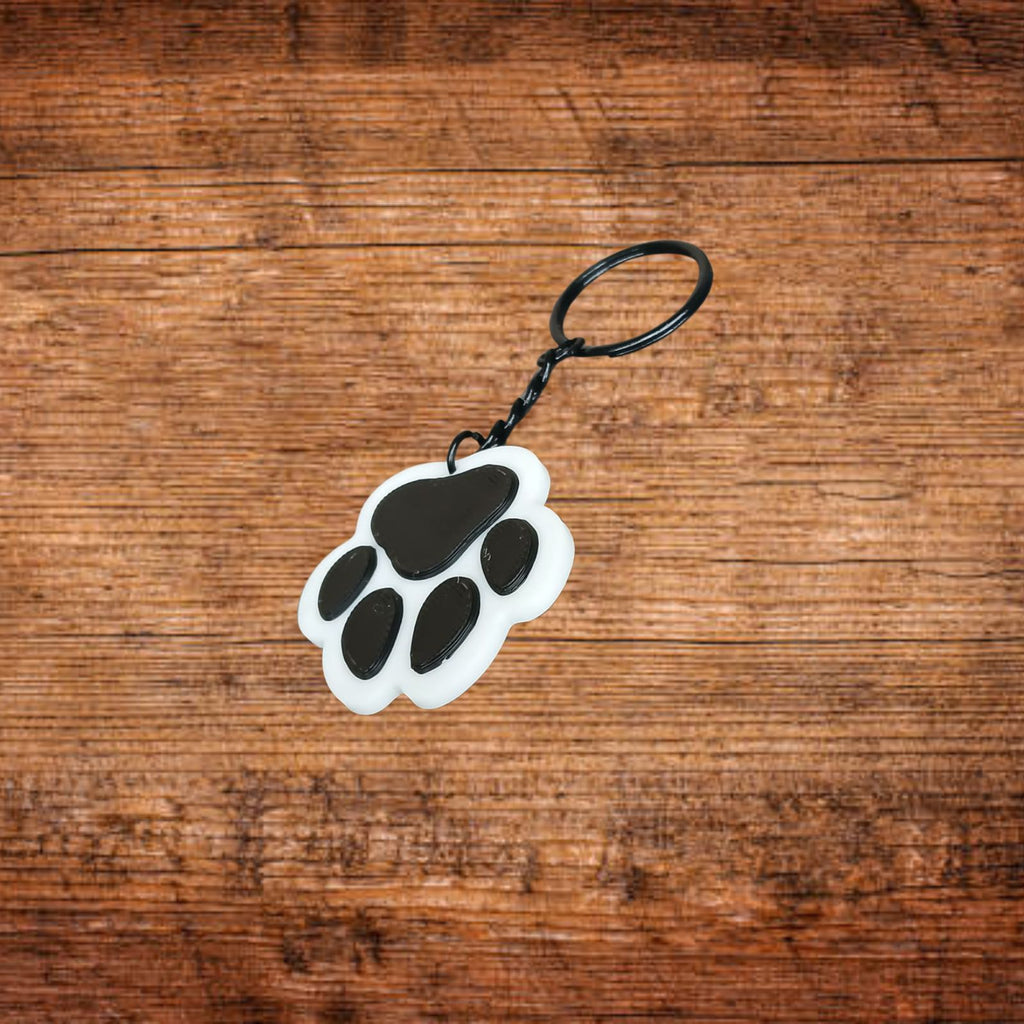 Pfoten-Schlüsselanhänger, 3D-Druck: weißer Pfotenabdruck mit schwarzen Ballen, schwarze Kette, Ring