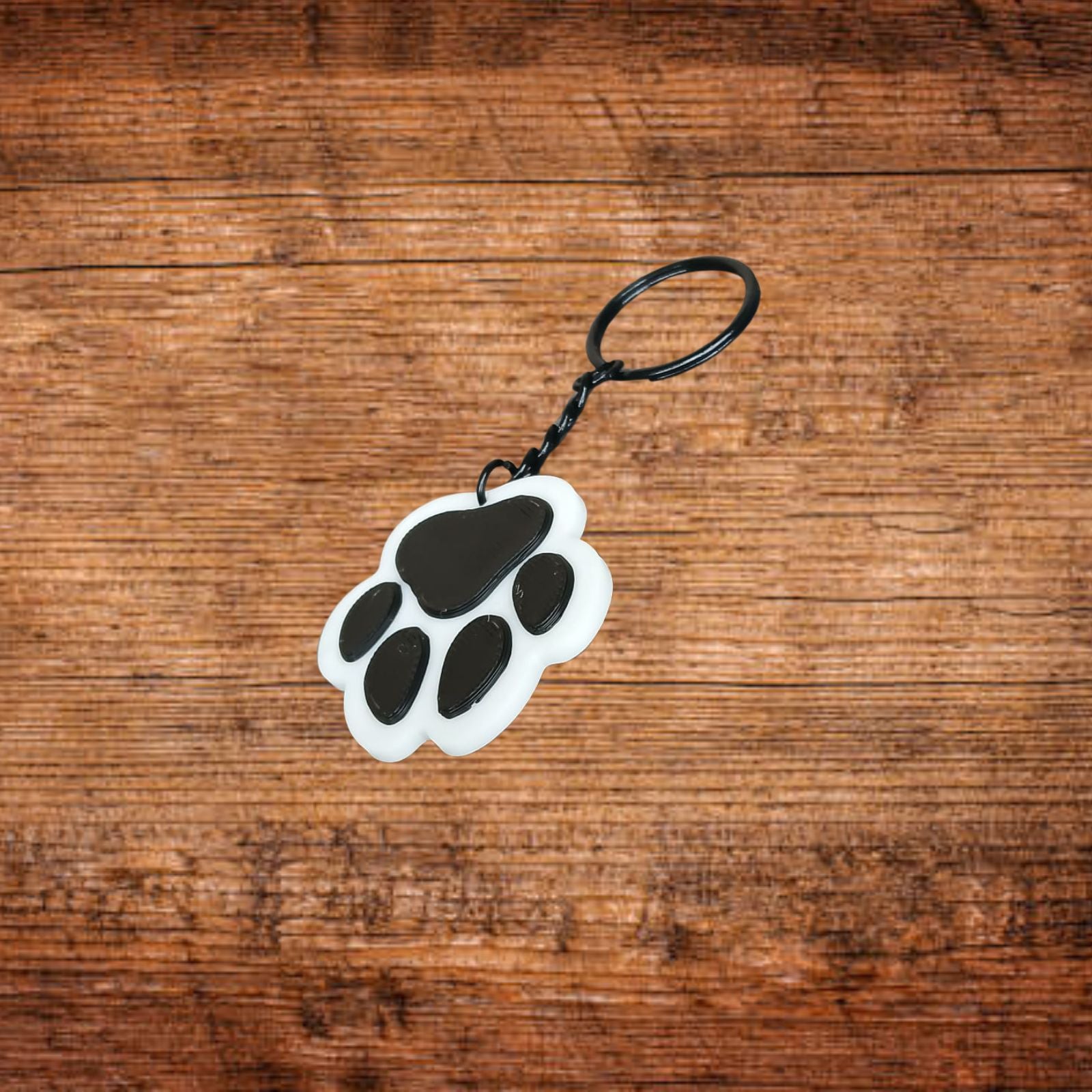 Pfoten-Schlüsselanhänger, 3D-Druck: weißer Pfotenabdruck mit schwarzen Ballen, schwarze Kette, Ring