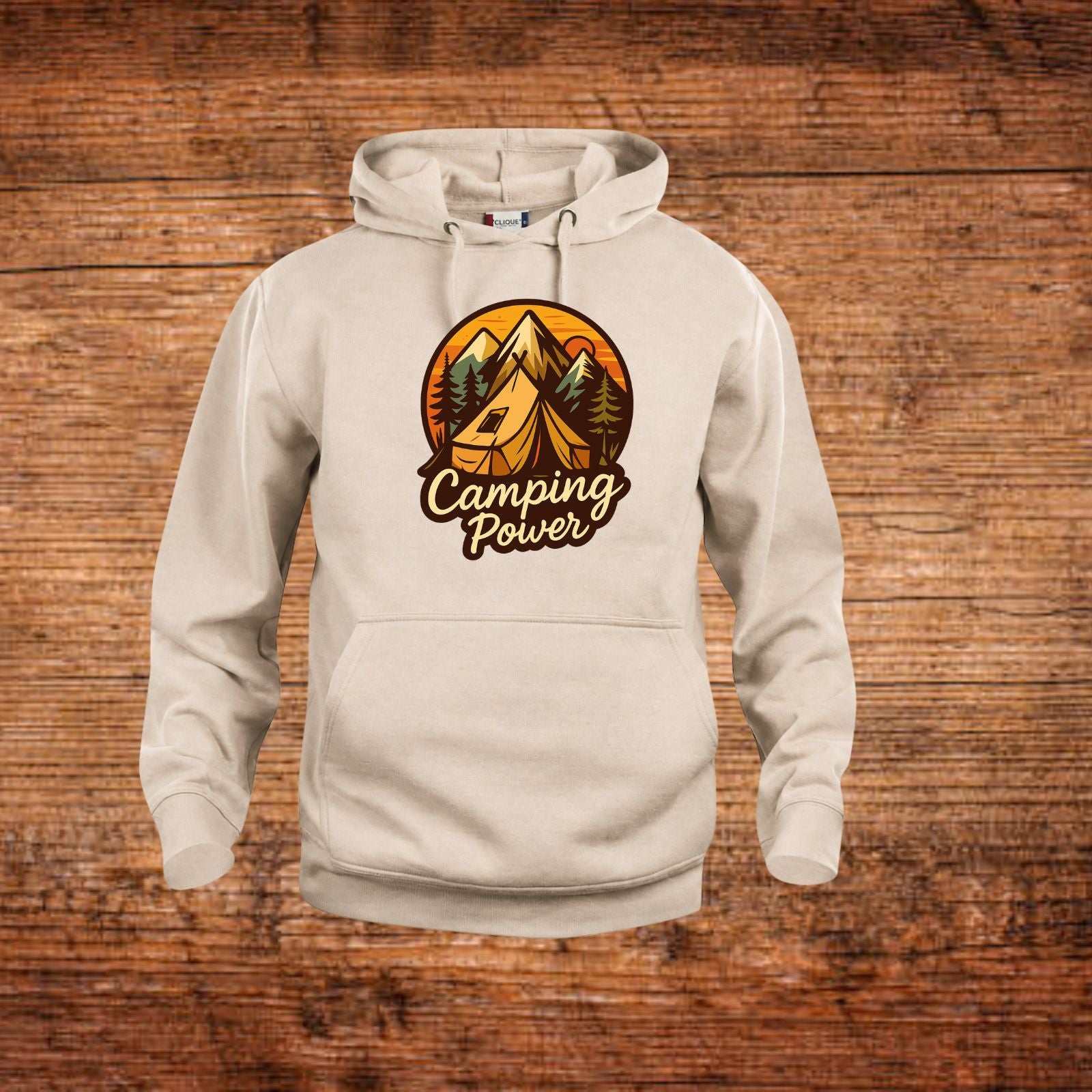 Beiger Kapuzenpullover mit Kängurutasche und „Camping Power“-Logo vorne