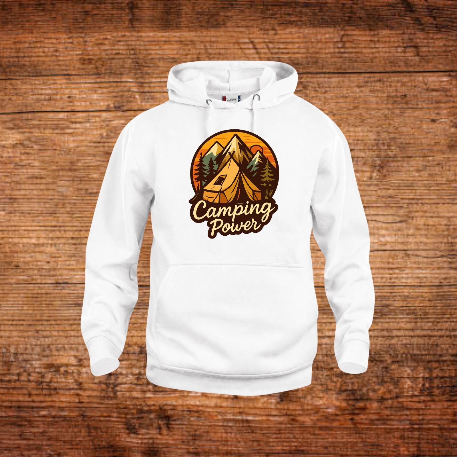 Weißer Kapuzenpullover mit Kängurutasche und „Camping Power“-Logo vorne