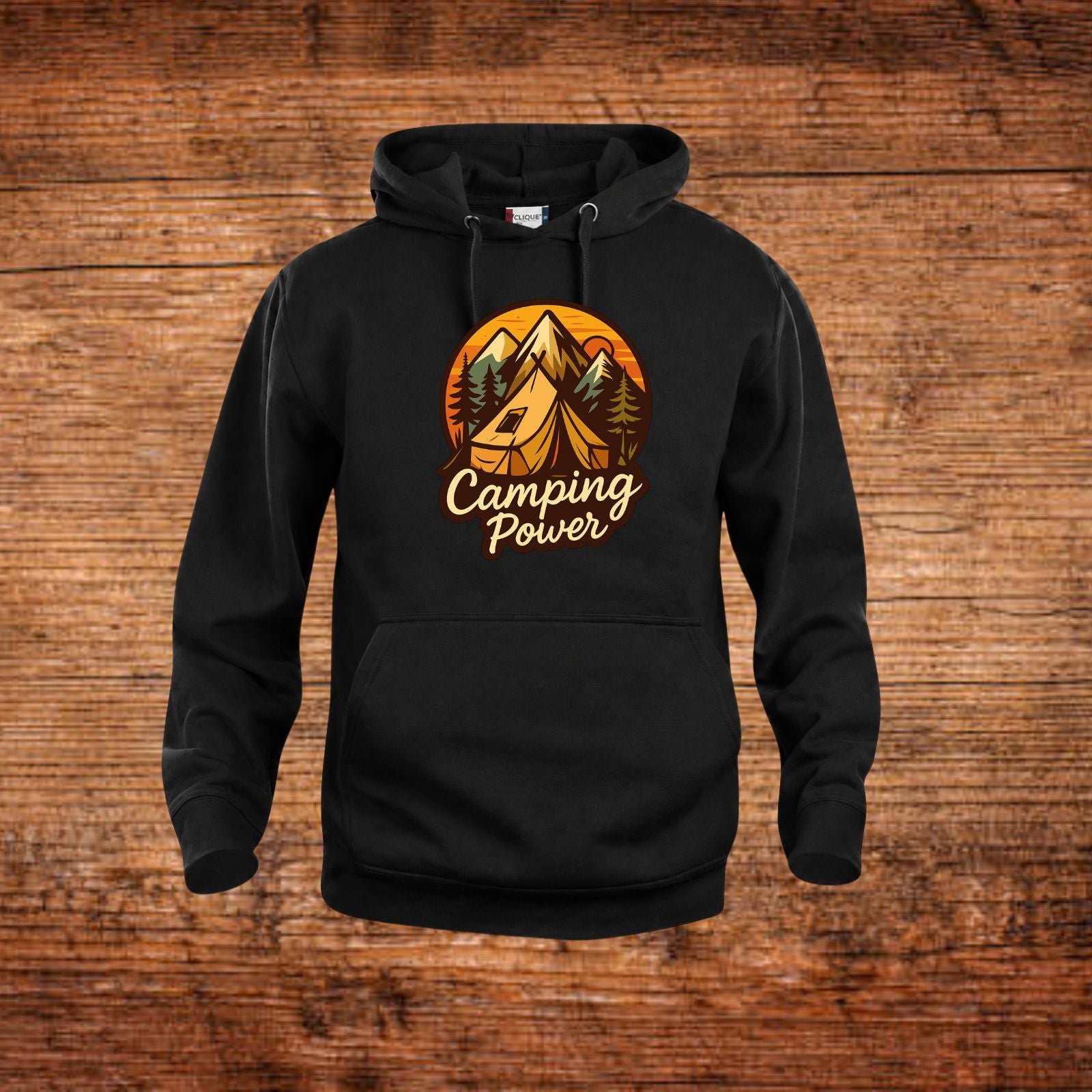 Schwarzer Kapuzenpullover mit Kängurutasche und „Camping Power“-Logo vorne
