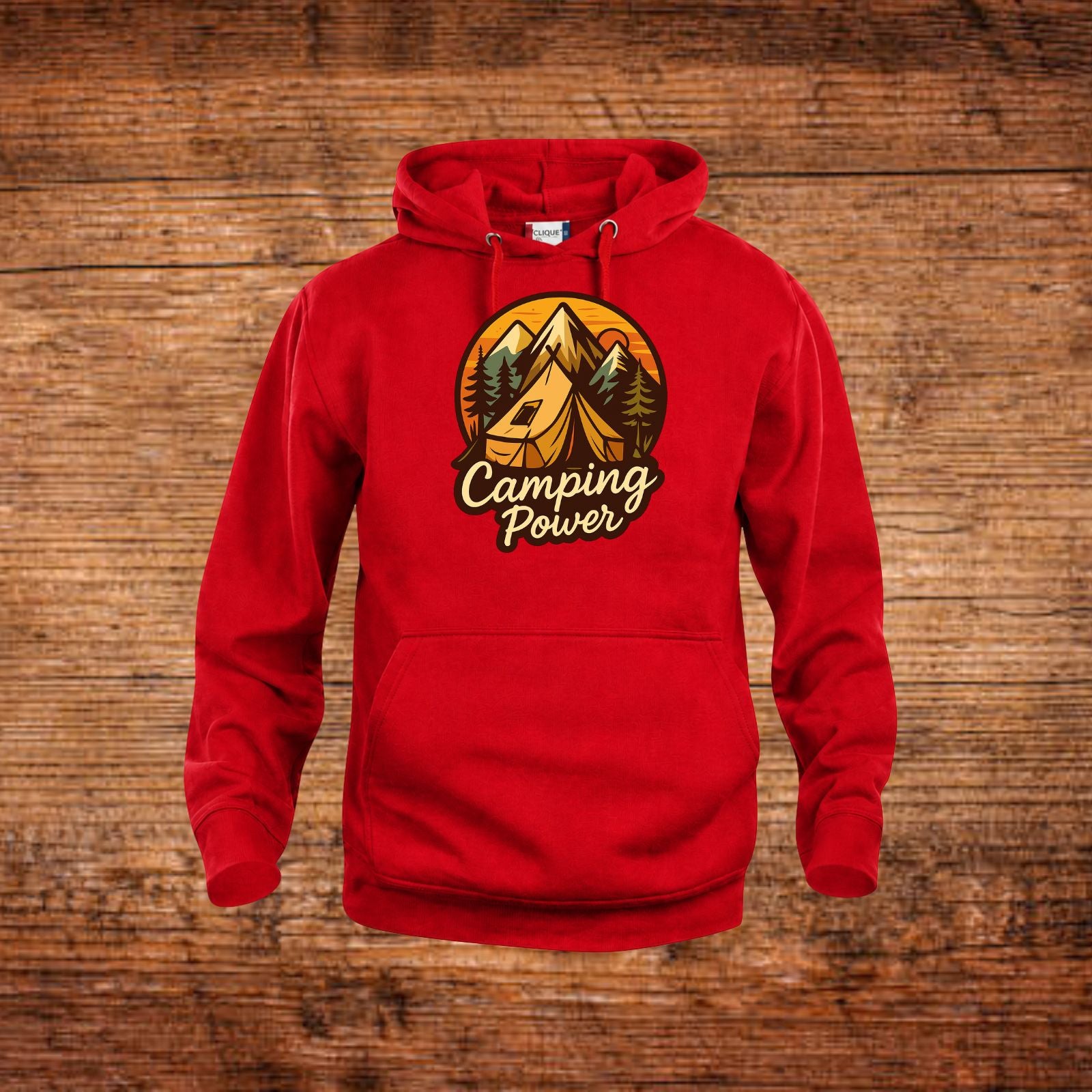 Roter Kapuzenpullover mit Kängurutasche und „Camping Power“-Logo vorne