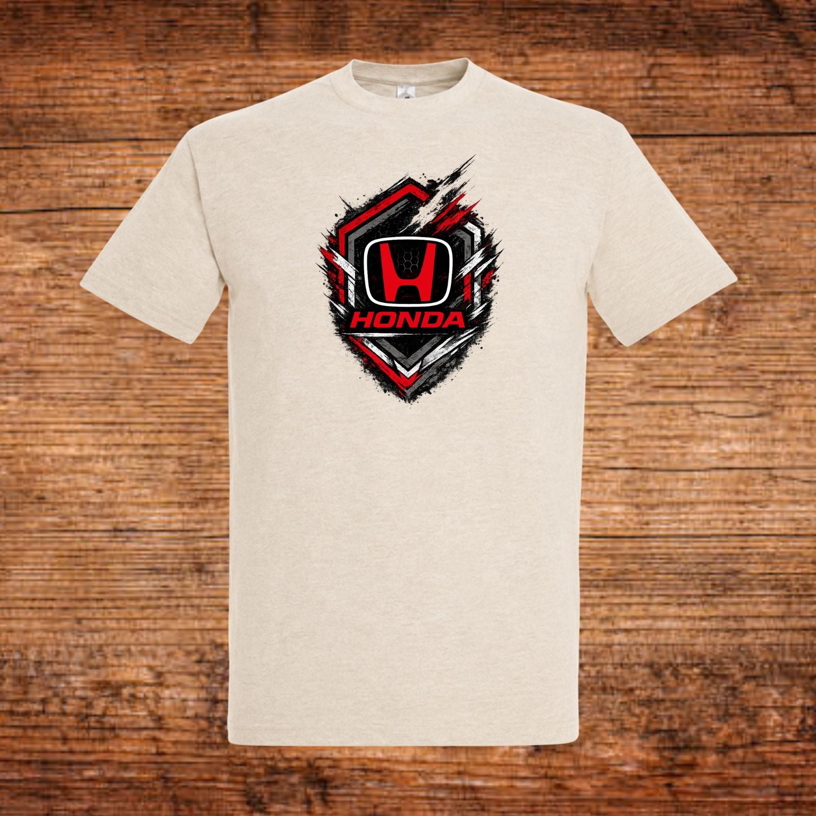 Beiges Honda-T-Shirt mit Frontprint im Schild-Design