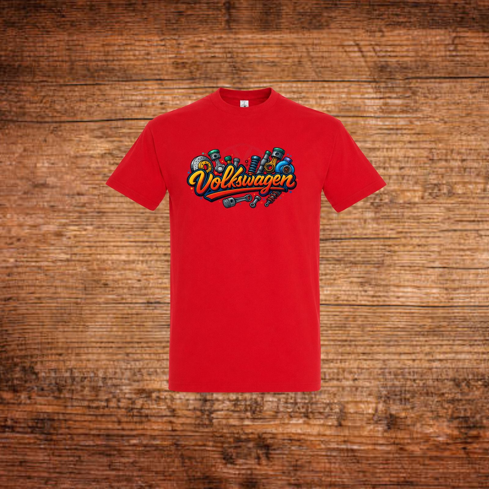 Volkswagen Fan-T-Shirt in Rot mit farbigem Volkswagen Schriftzug vorne