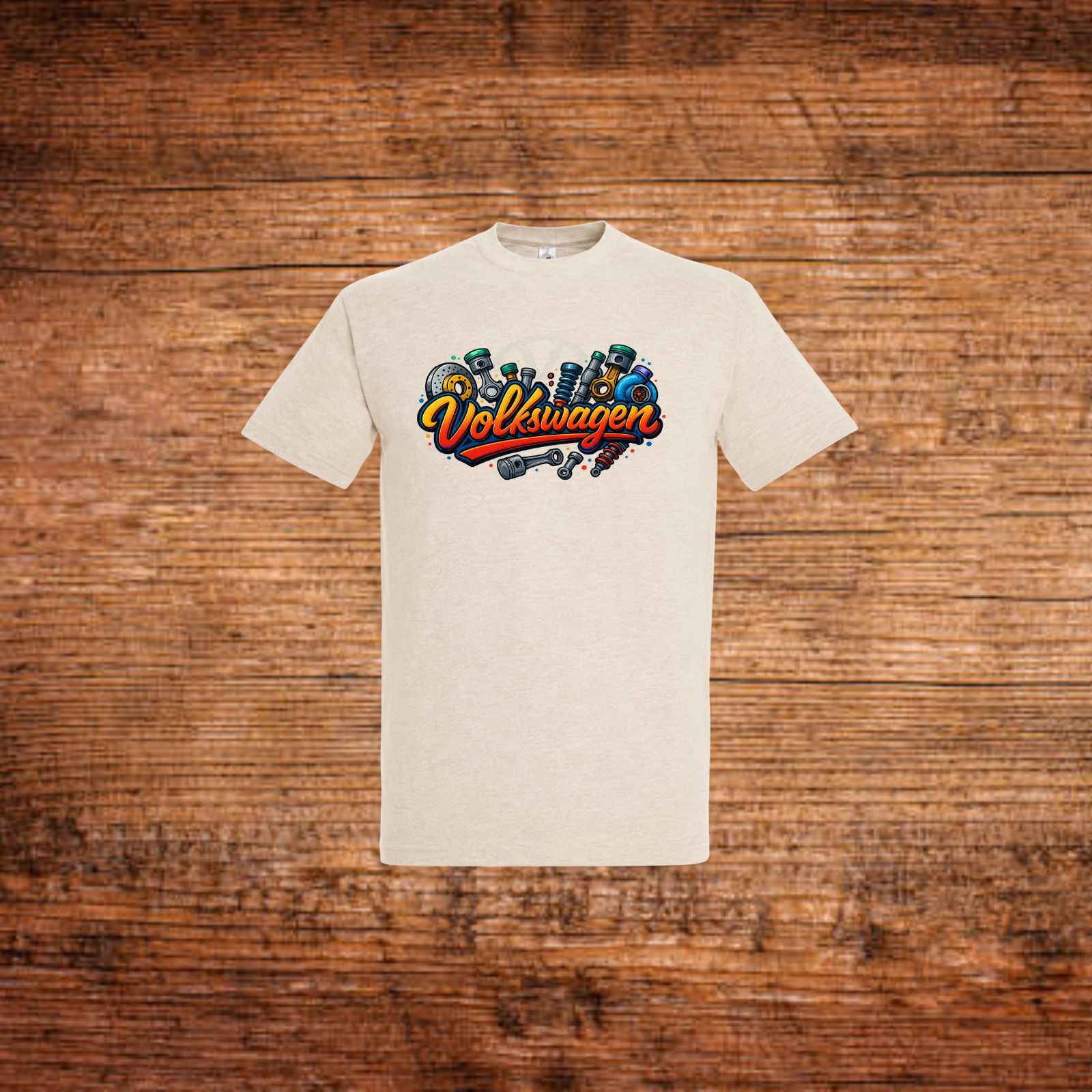 Volkswagen Fan-T-Shirt in Beige mit farbigem Volkswagen Schriftzug vorne