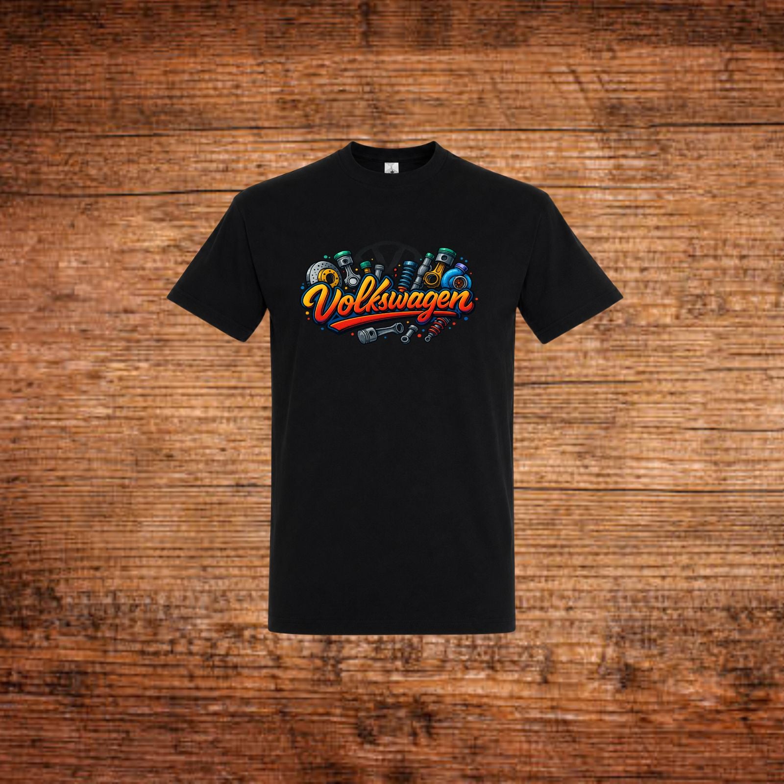 Volkswagen Fan-T-Shirt in Schwarz mit farbigem Volkswagen Schriftzug vorne