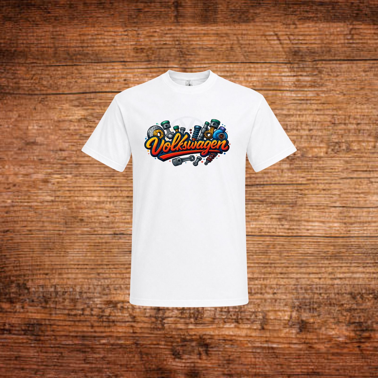 Volkswagen Fan-T-Shirt in Weiß mit farbigem Volkswagen Schriftzug vorne