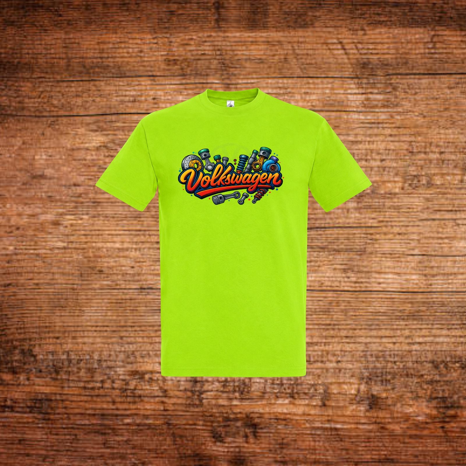 Volkswagen Fan-T-Shirt in Grün mit farbigem Volkswagen Schriftzug vorne