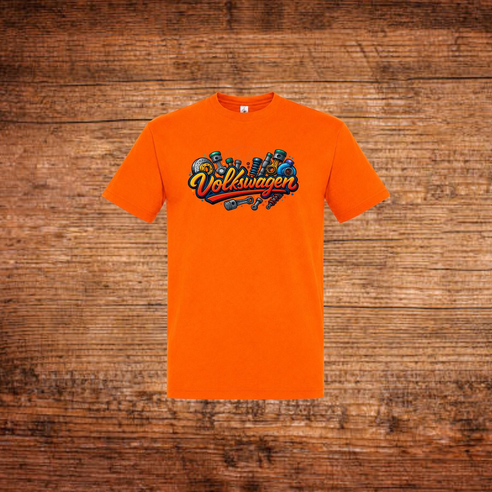 Volkswagen Fan-T-Shirt in Orange mit farbigem Volkswagen Schriftzug vorne