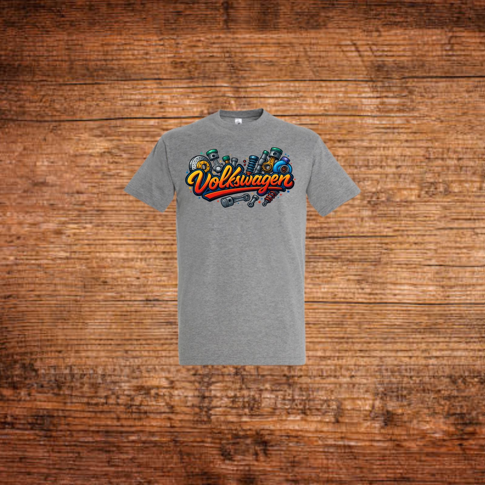 Volkswagen Fan-T-Shirt in Grau mit farbigem Volkswagen Schriftzug vorne