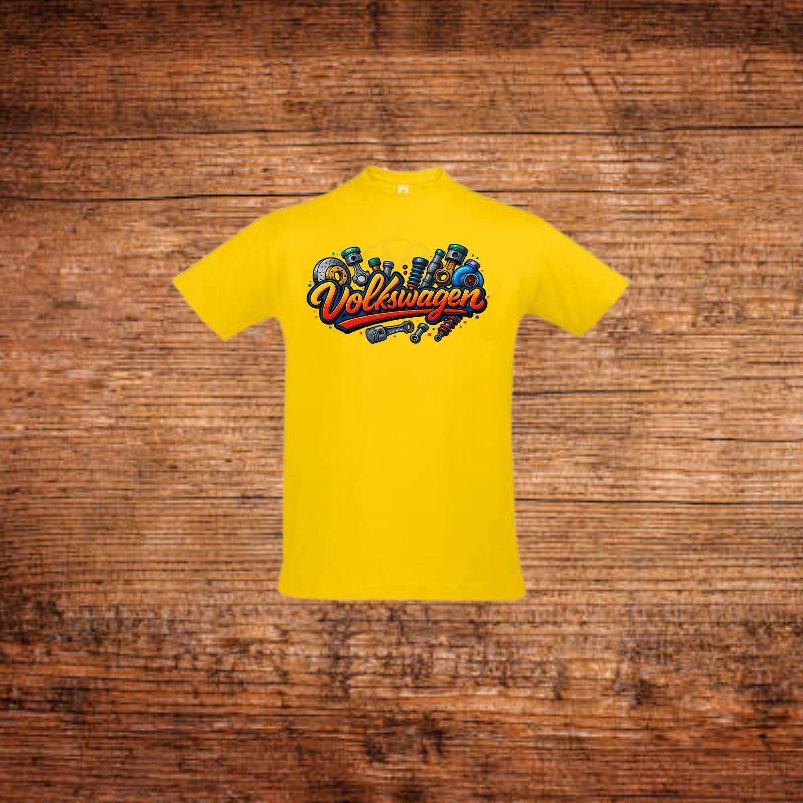 Volkswagen Fan-T-Shirt in Gelb mit farbigem Volkswagen Schriftzug vorne