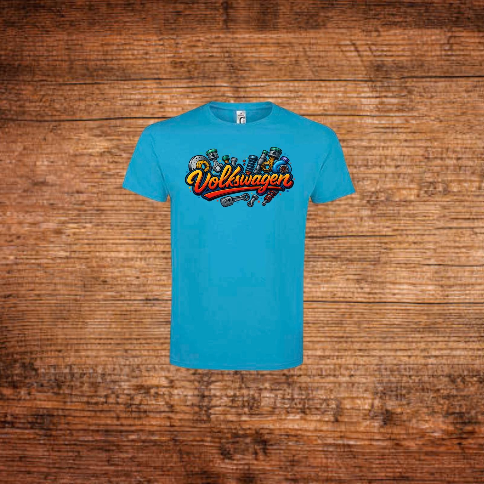 Volkswagen Fan-T-Shirt in Blau mit farbigem Volkswagen Schriftzug vorne