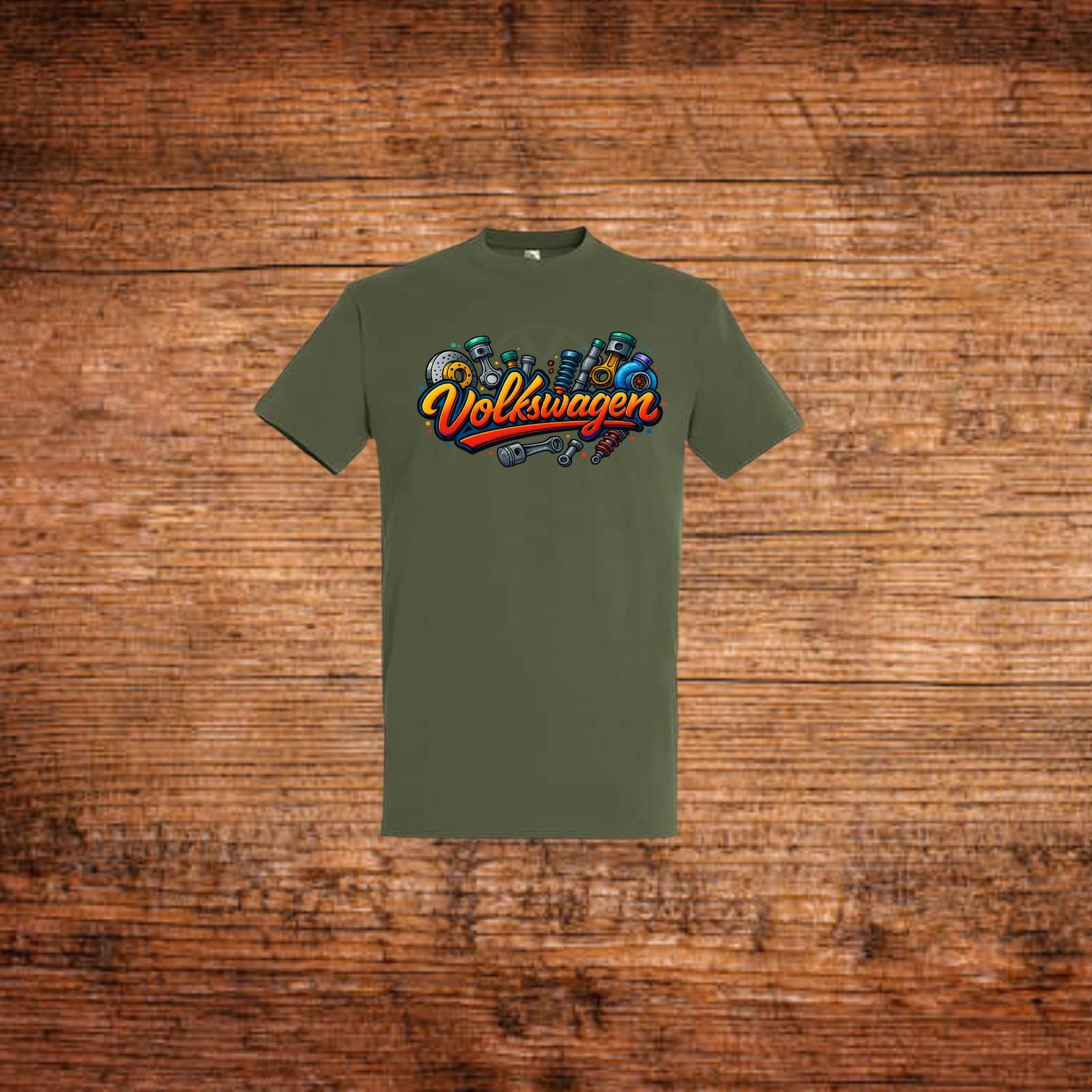 Olivefarbenes T-Shirt mit Volkswagen Logo auf der Brust
