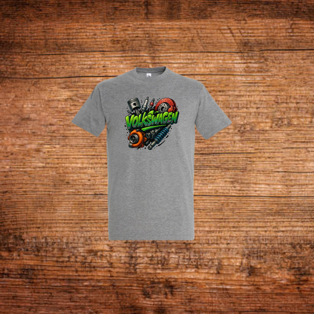 Volkswagen-T-Shirt grau mit farbigem VW-Logo und Motocross-Motiv vorn