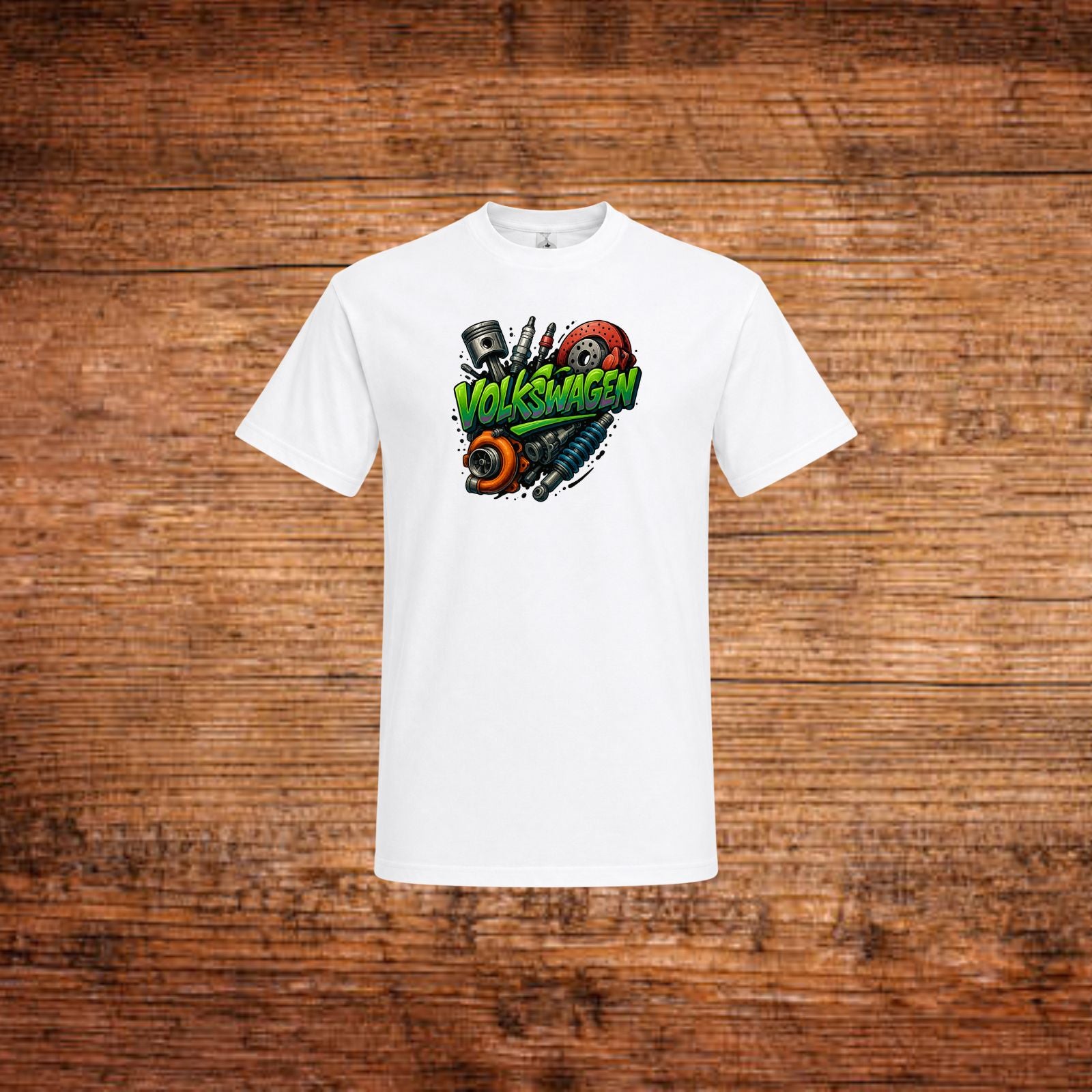 Volkswagen-T-Shirt weiß mit farbigem VW-Logo und Motocross-Motiv vorn