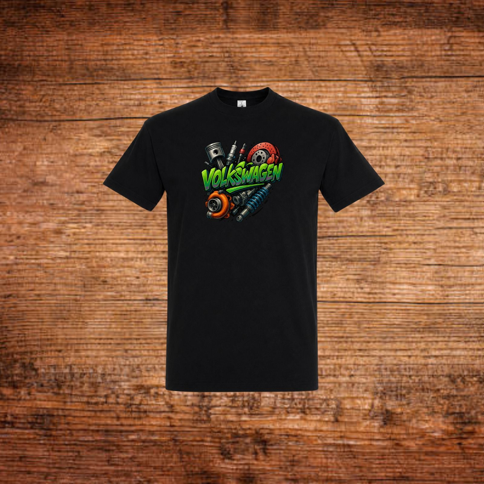 Volkswagen-T-Shirt schwarz mit farbigem VW-Logo und Motocross-Motiv vorn