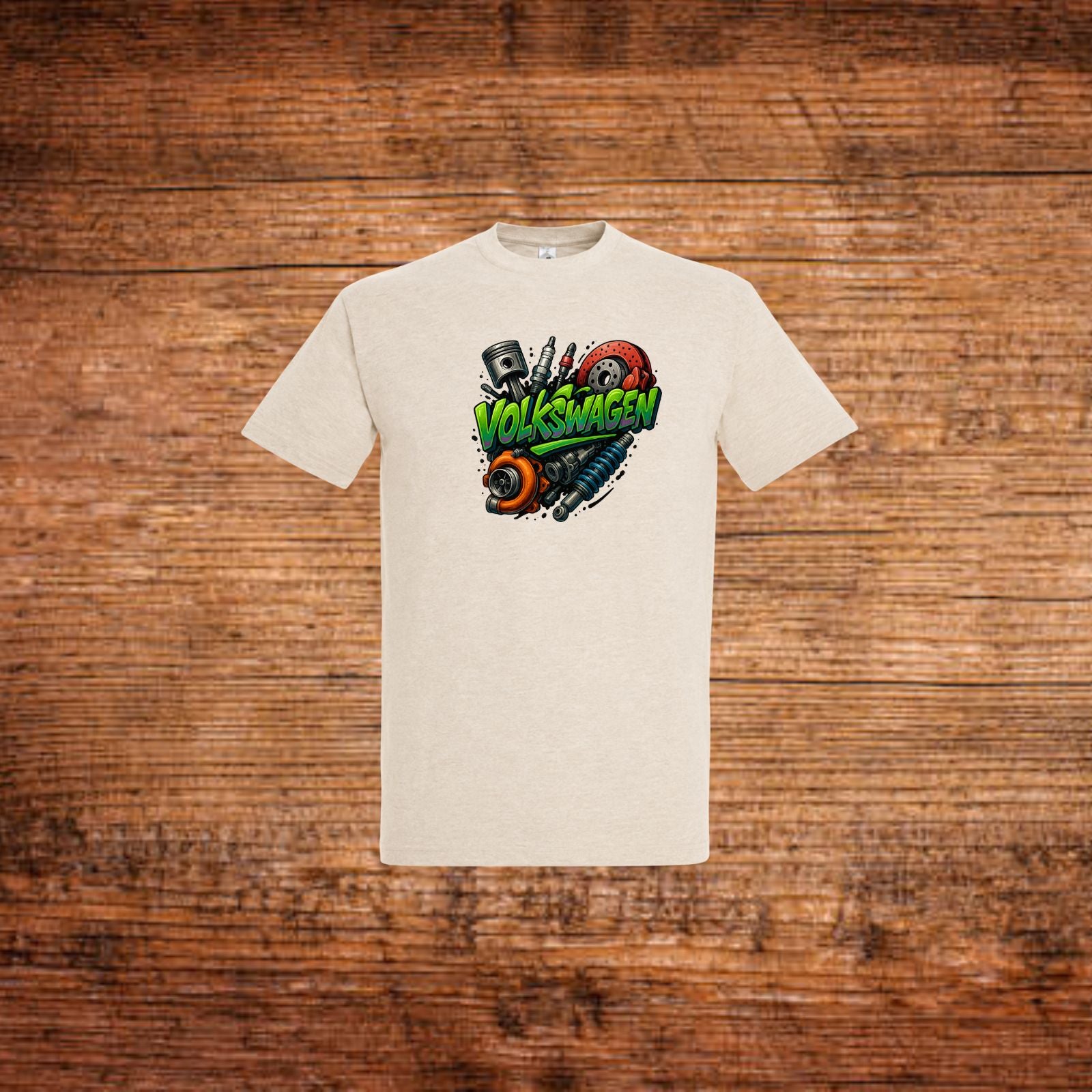 Volkswagen-T-Shirt beige mit farbigem VW-Logo und Motocross-Motiv vorn