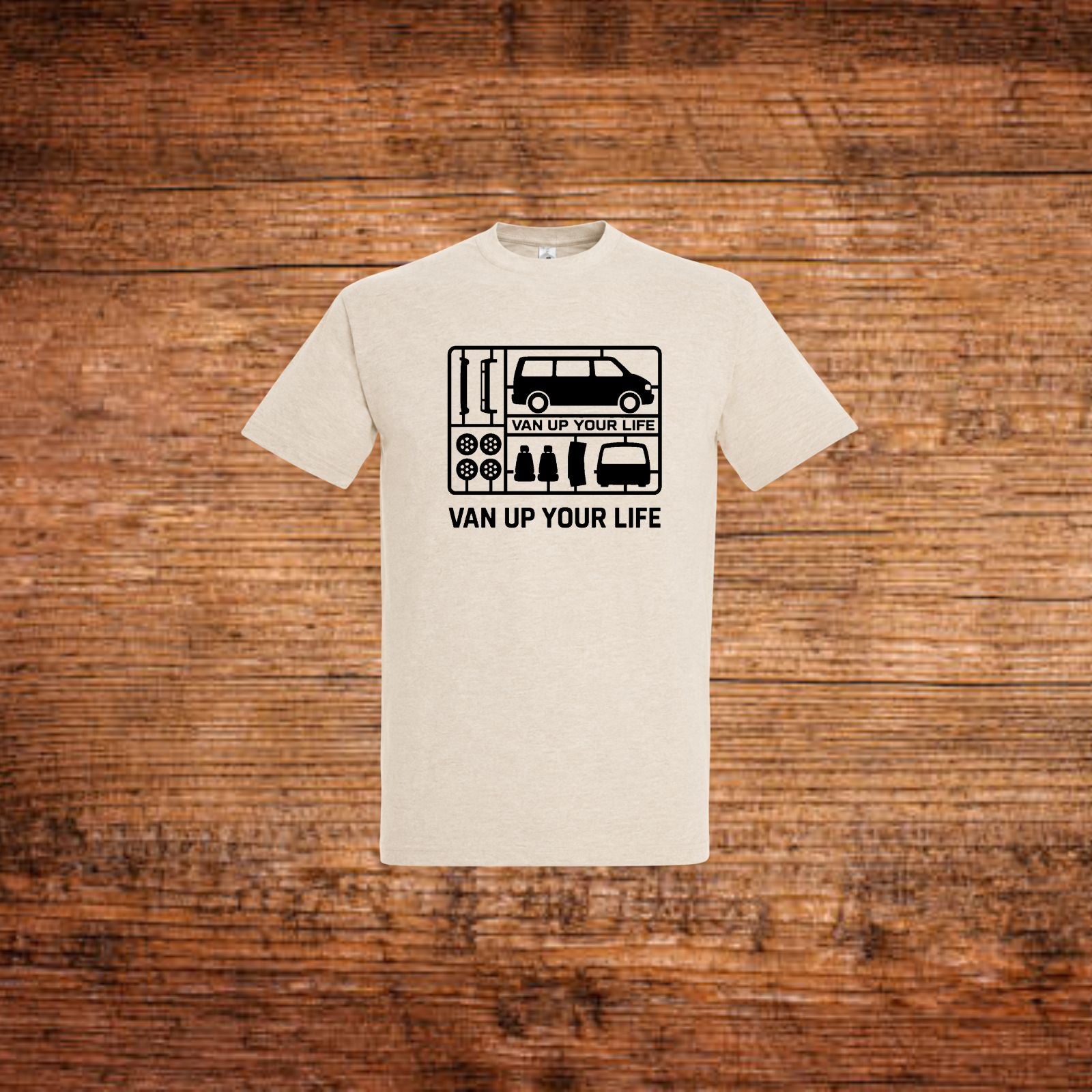 beiges T-Shirt mit VW-Bus-Frontprint und Schriftzug „VAN UP YOUR LIFE“