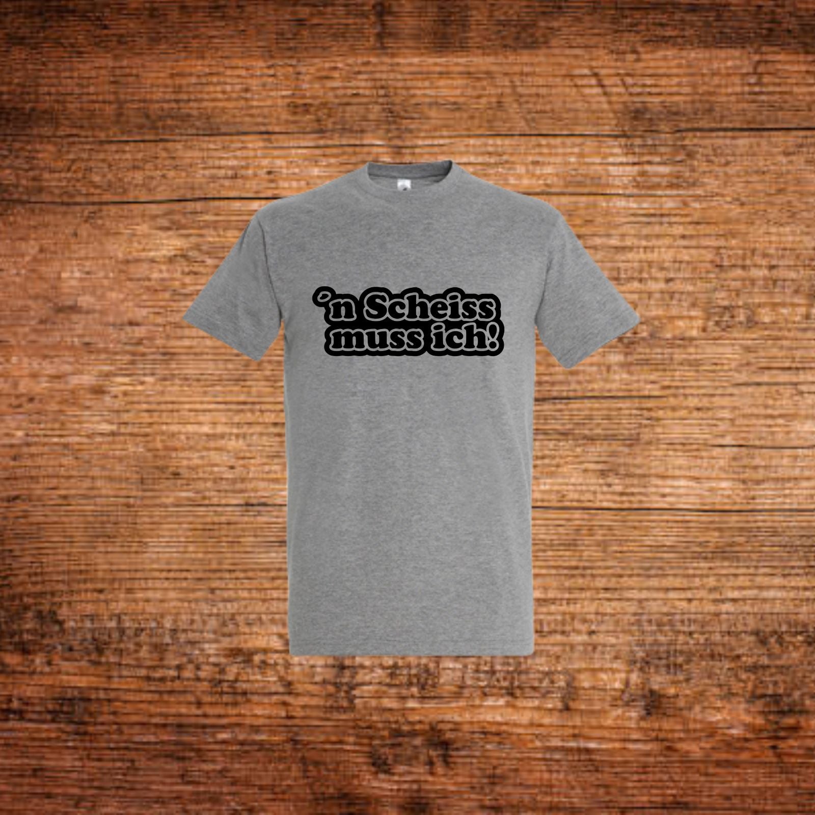 Graues Statement-T-Shirt mit Frontprint „'n Scheiss muss ich“
