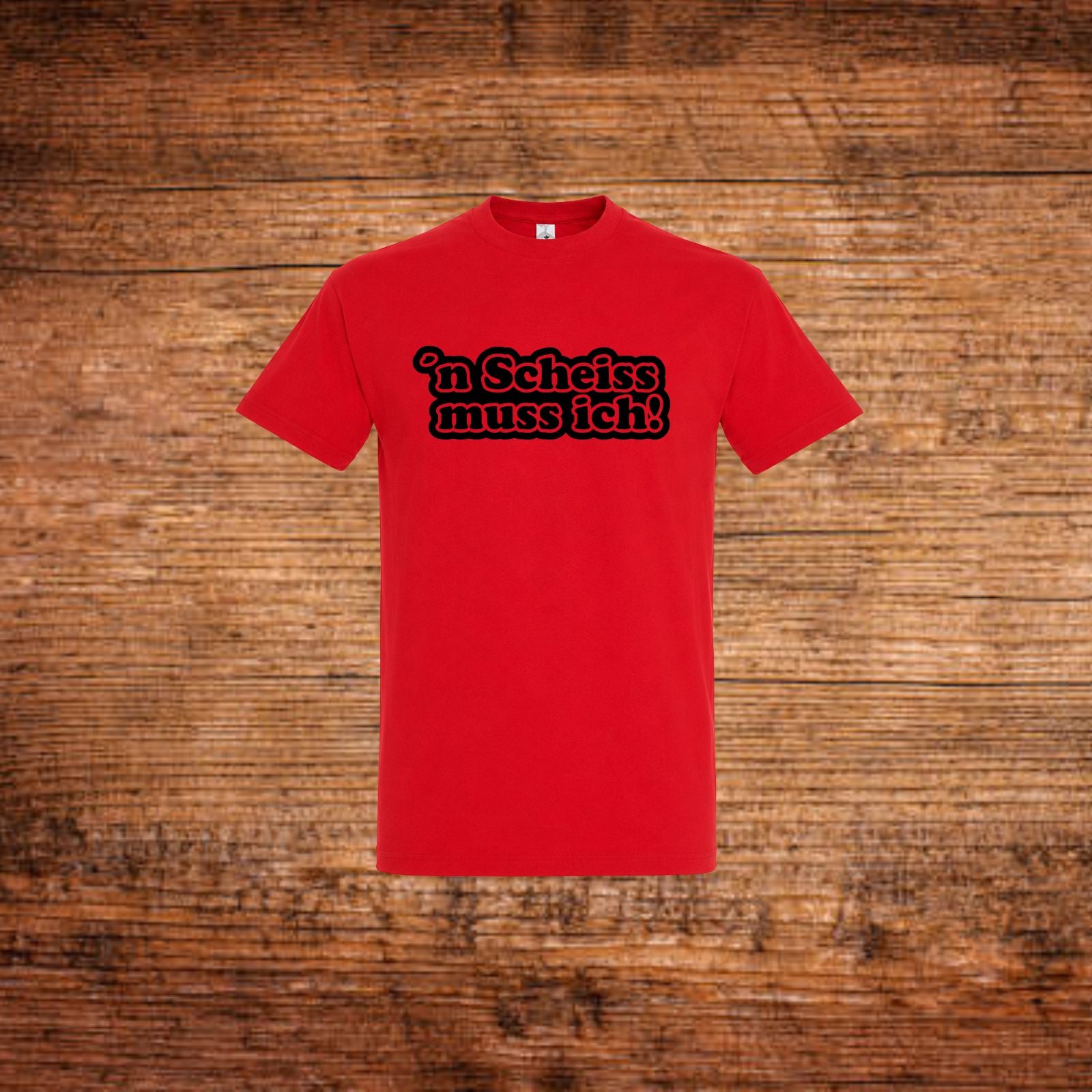 Rotes Statement-T-Shirt mit Frontprint „'n Scheiss muss ich“