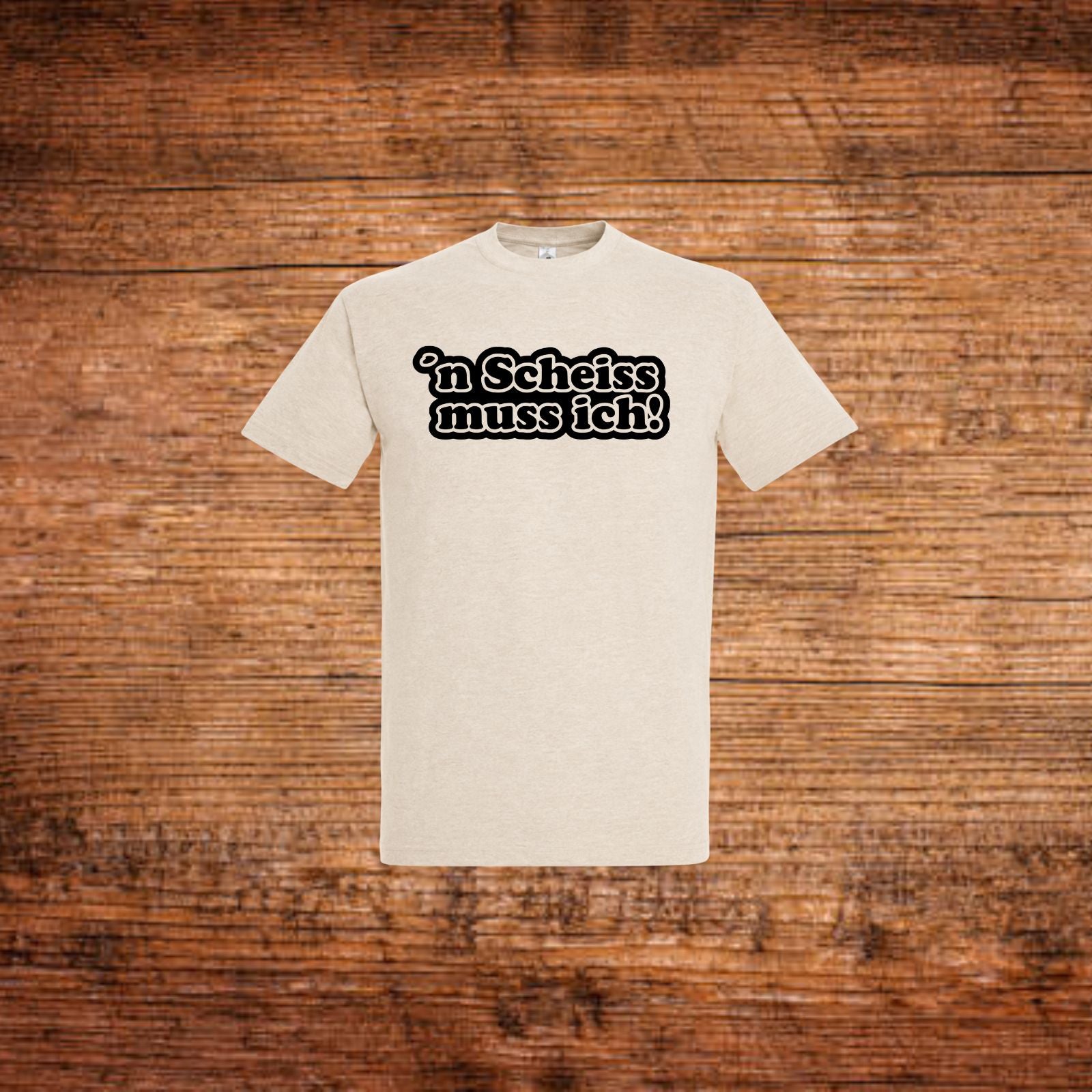 Beiges Statement-T-Shirt mit Frontprint „'n Scheiss muss ich“