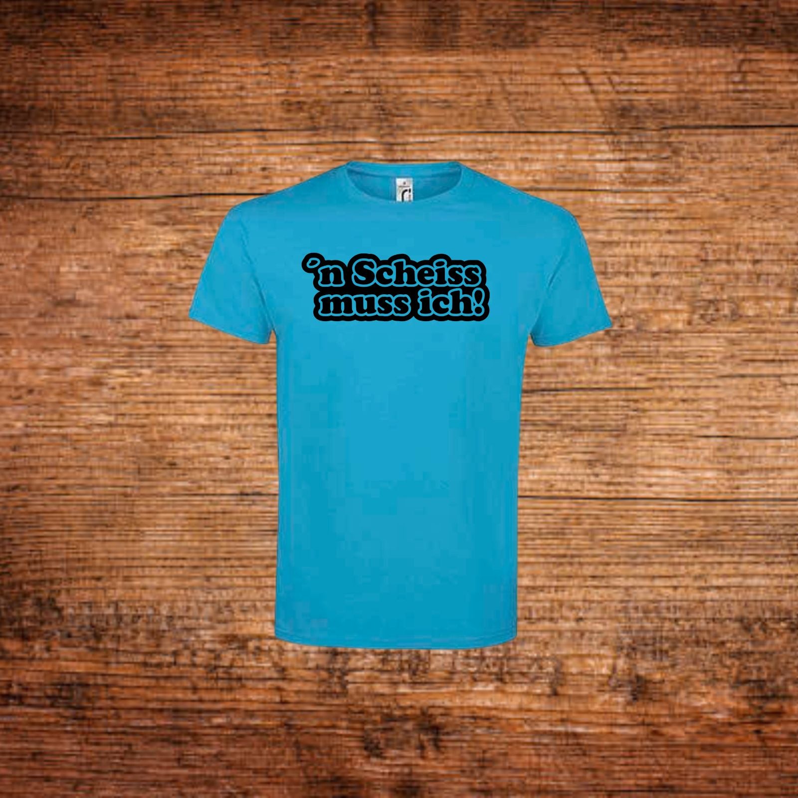Türkisfarbenes Statement-T-Shirt mit Frontprint „'n Scheiss muss ich“