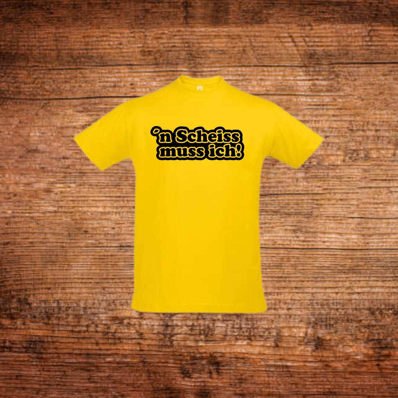 Gelbes Statement-T-Shirt mit Frontprint „'n Scheiss muss ich“
