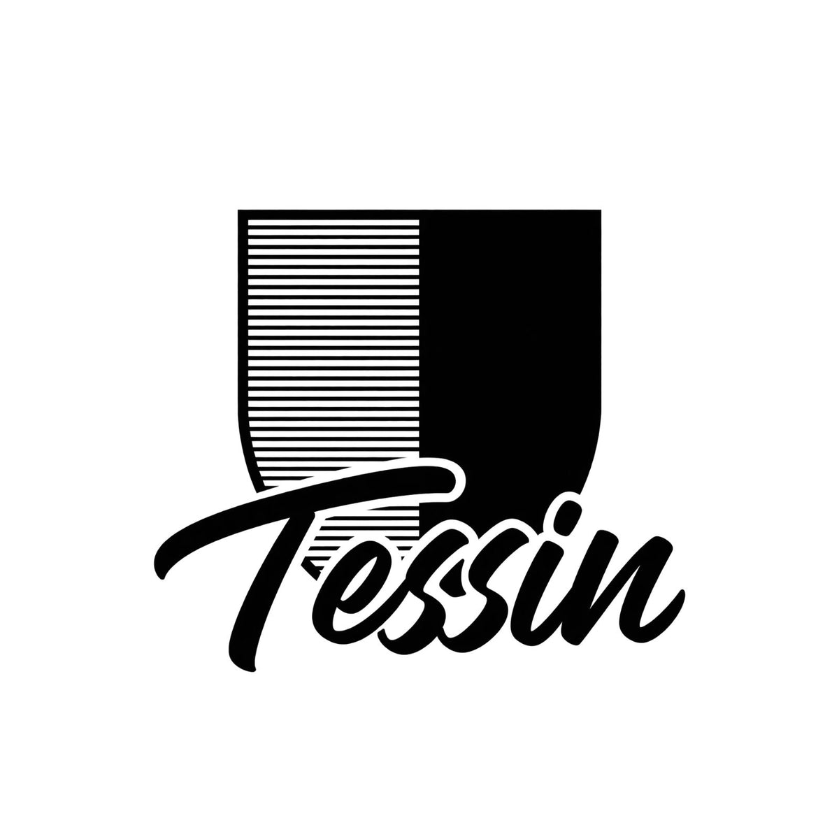 Tessin-Wappenaufkleber mit Schriftzug: schwarzer Schild mit weißen Linien, „Tessin“ weiß-schwarz.