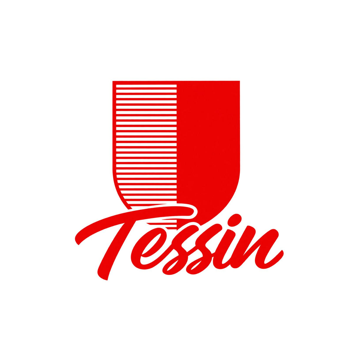 Tessin-Wappenaufkleber mit Schriftzug: roter Schild mit weißen Linien, „Tessin“ rot-weiß.