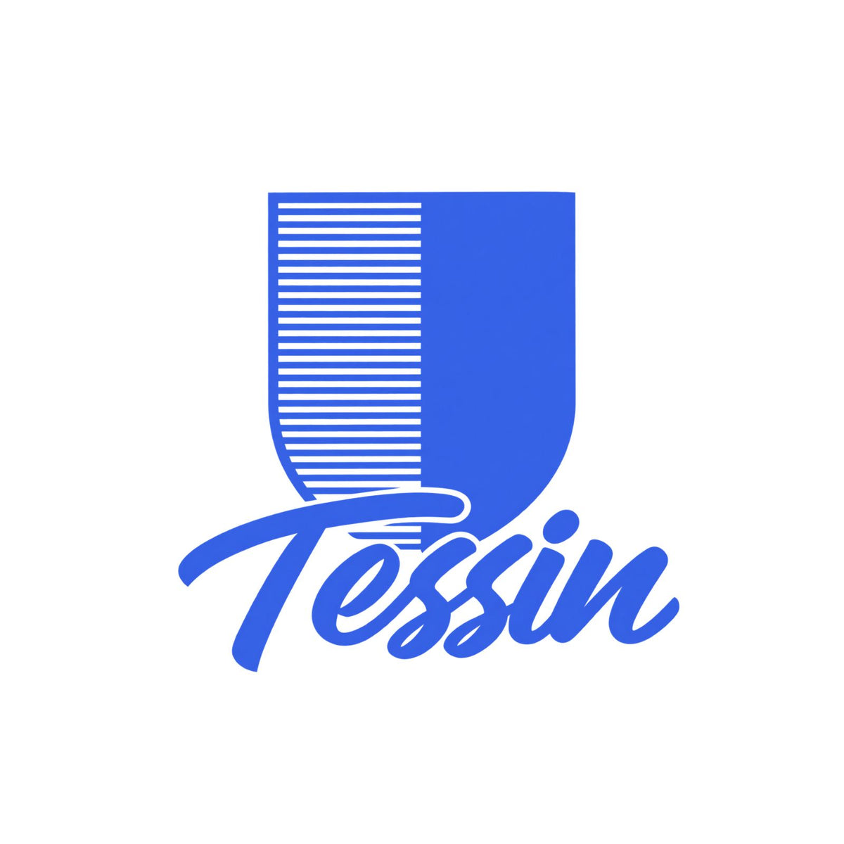 Tessin-Wappenaufkleber mit Schriftzug: blauer Schild mit weißen Linien, „Tessin“ blau-weiß.