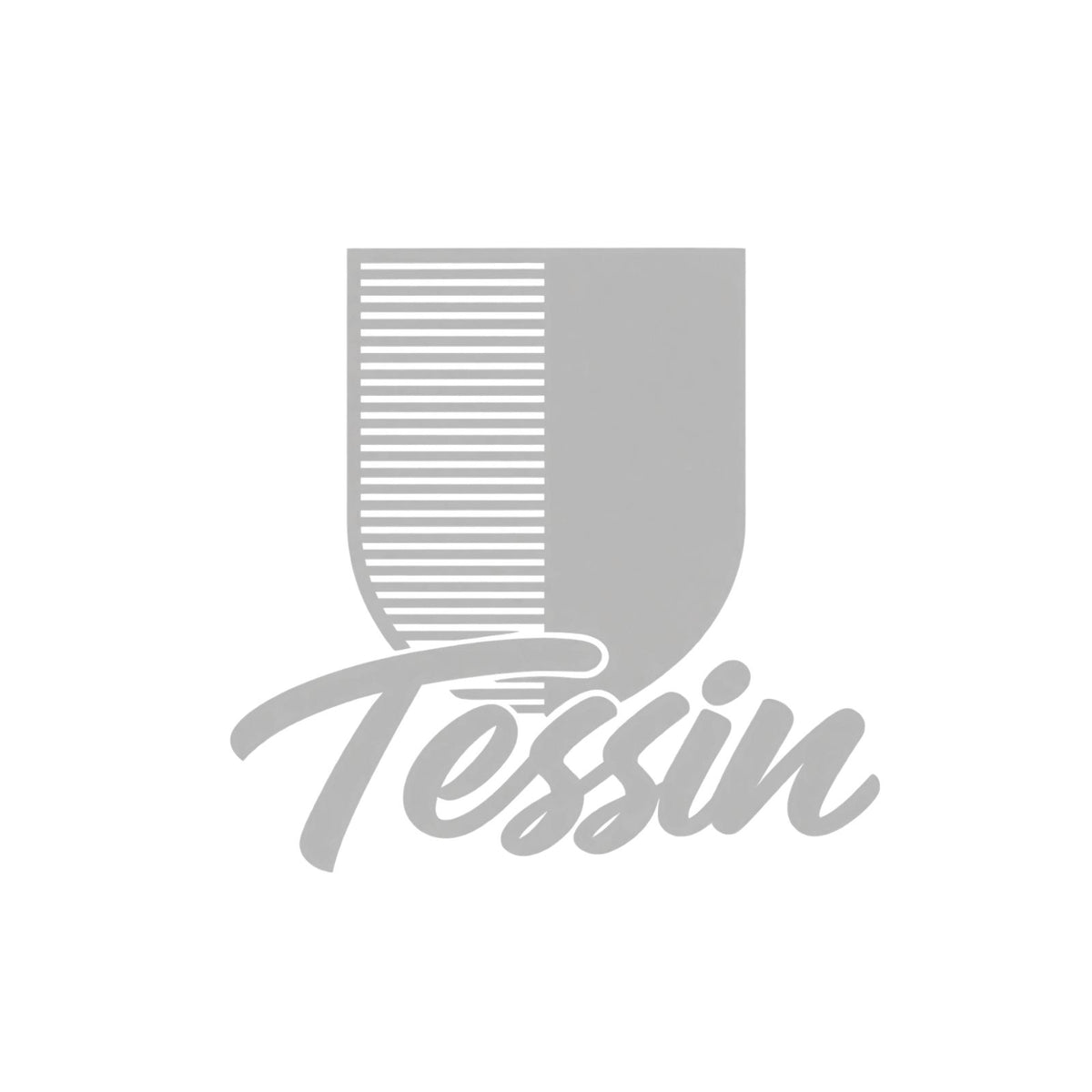 Tessin-Wappenaufkleber mit Schriftzug: grauer Schild mit weißen Linien, „Tessin“ grau-weiß.