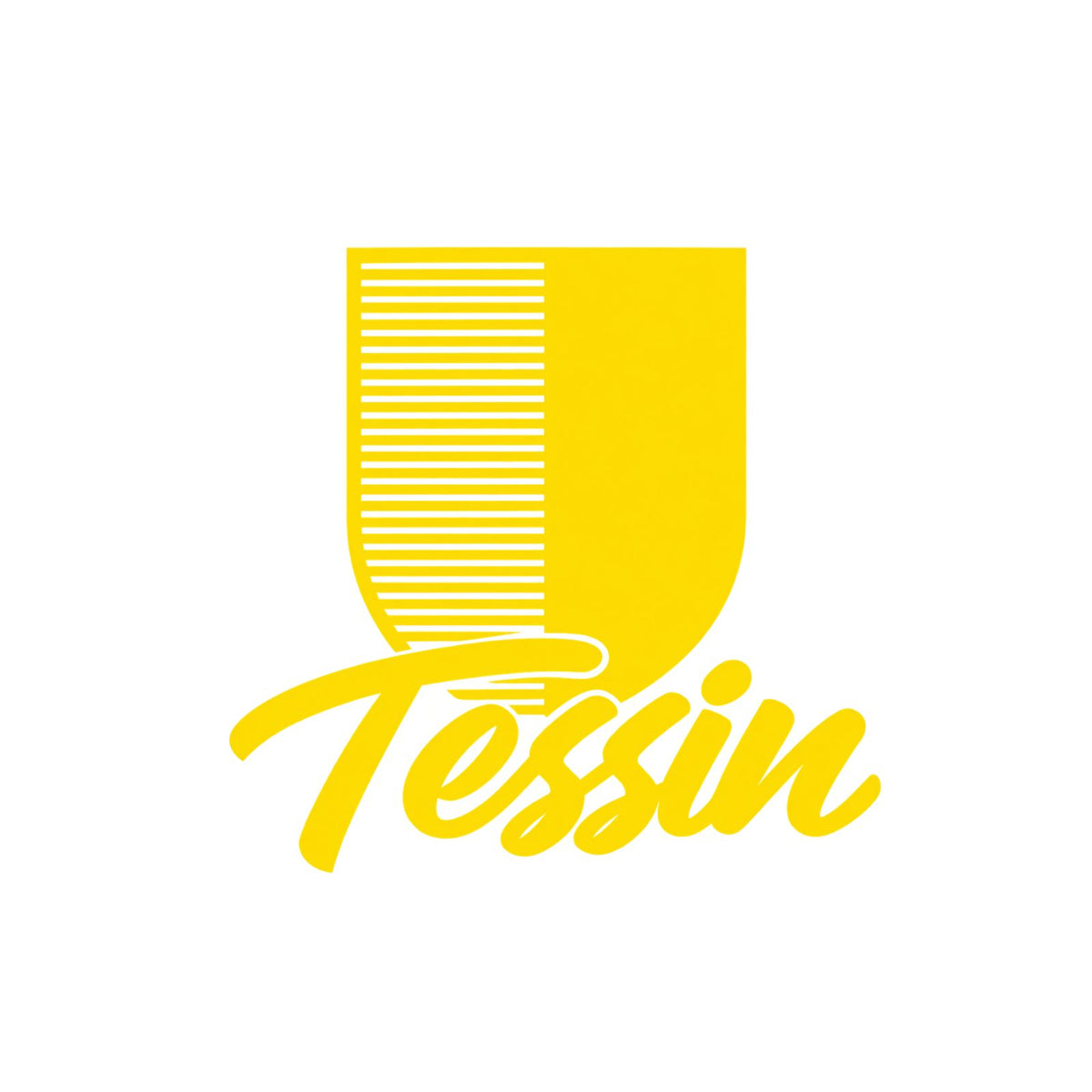 Tessin-Wappenaufkleber mit Schriftzug: gelber Schild mit weißen Linien, „Tessin“ gelb-weiß.