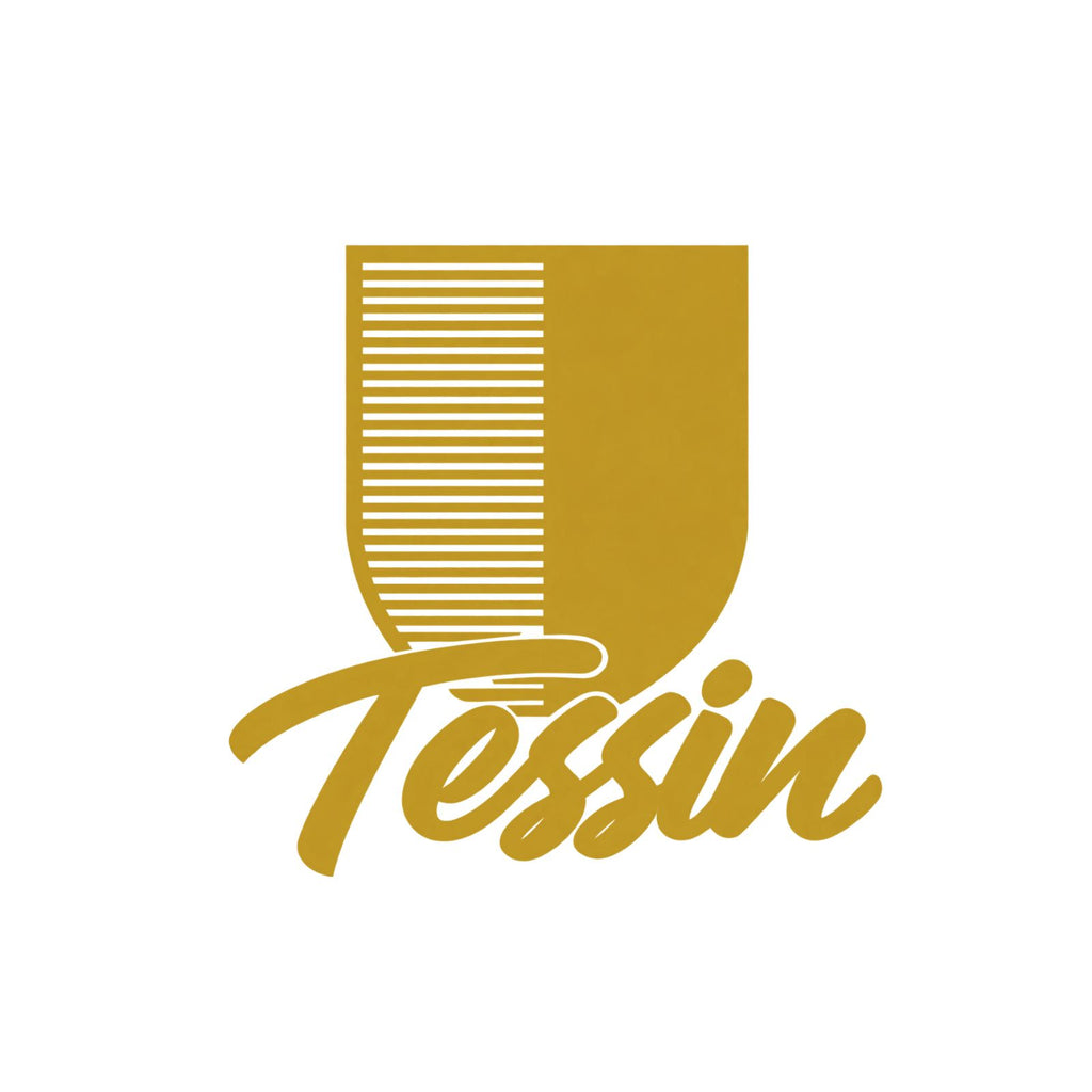 Tessin-Wappenaufkleber mit Schriftzug: goldener Schild mit weißen Linien, „Tessin“ gold-weiß.