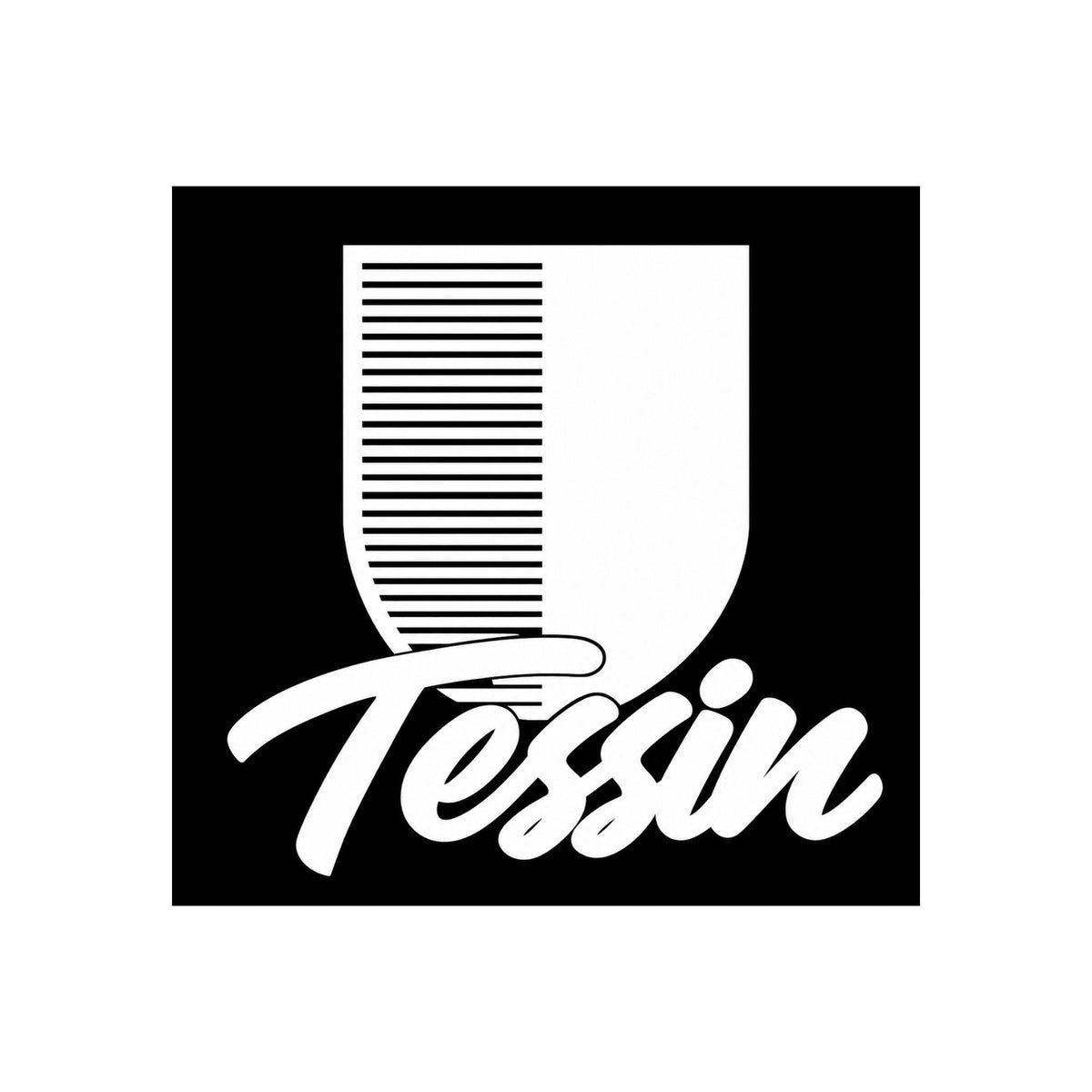 Tessin-Wappenaufkleber mit Schriftzug: schwarzer Schild, weiße Linien und „Tessin“ weiß.
