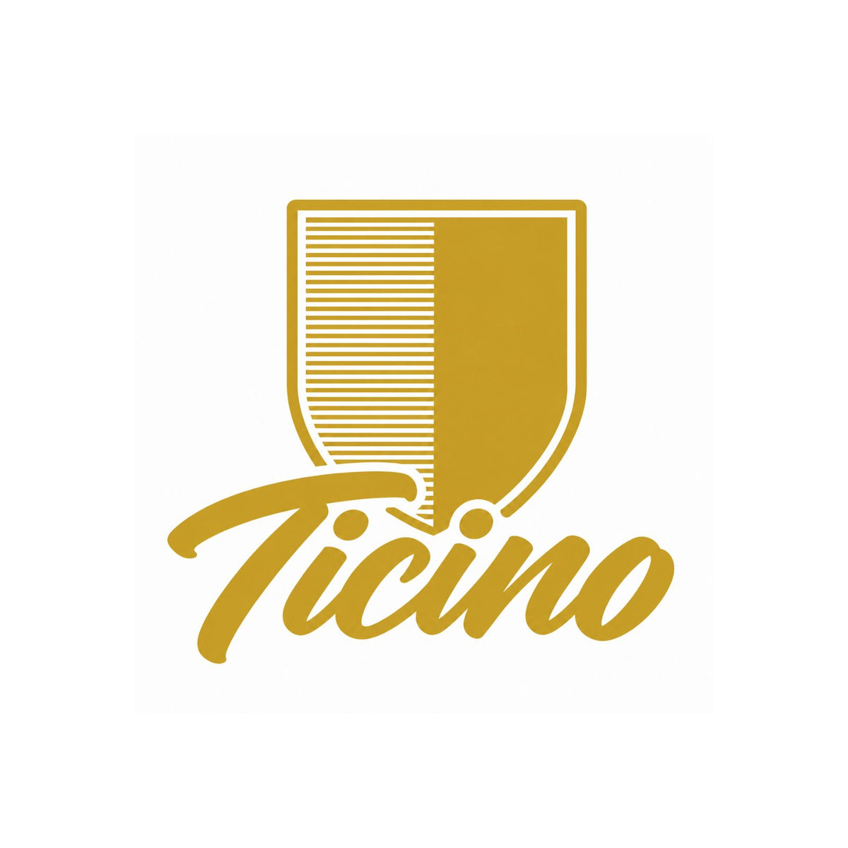 Vinyl-Aufkleber mit Tessiner Wappen und Schriftzug „Ticino“, goldfarben mit heller Kontur