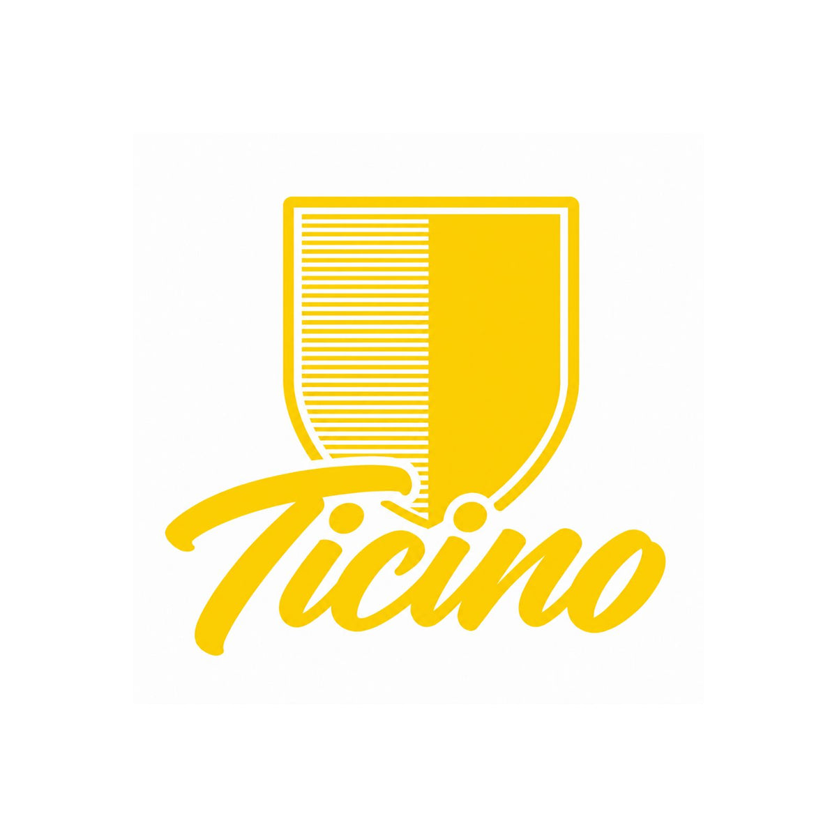 Vinyl-Aufkleber mit Tessiner Wappen und Schriftzug „Ticino“, gelb mit weißer Kontur