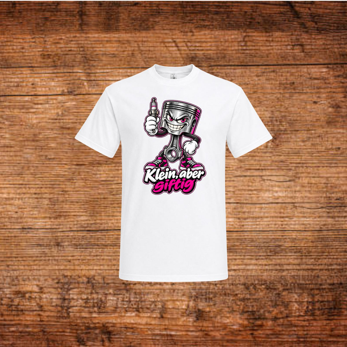 Weißes T-Shirt mit Cartoon-Kolben und pinkem „Klein, aber giftig“-Aufdruck