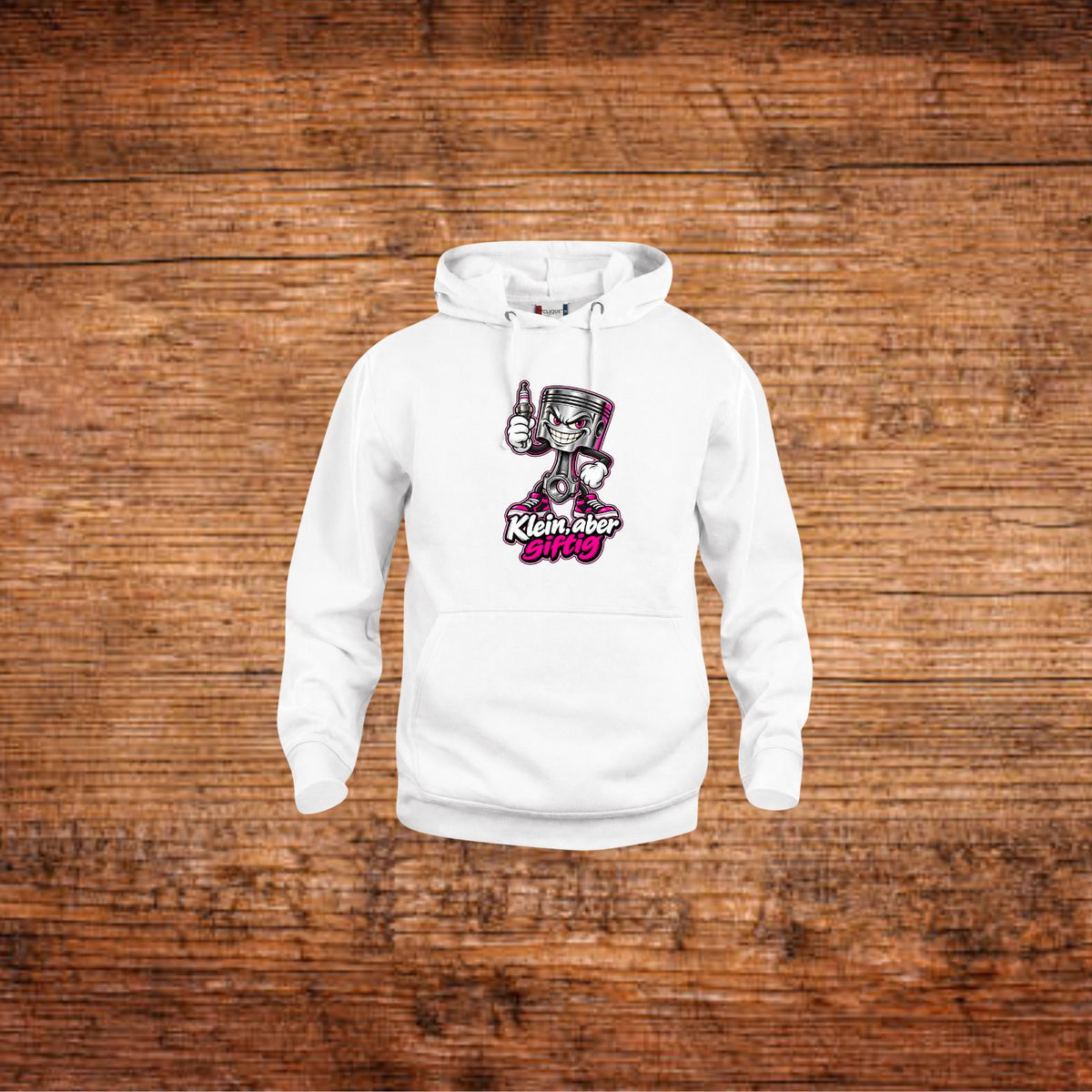 Weißer Hoodie mit Kapuze und Kolben-Motiv mit pinkem Schriftzug