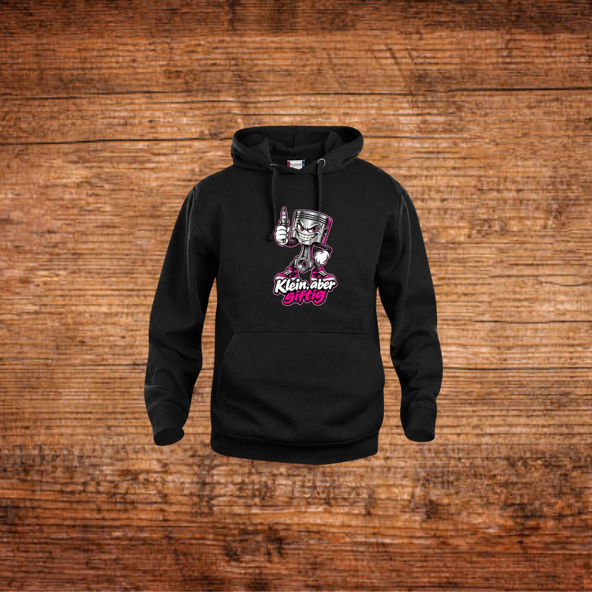 Schwarzer Hoodie mit Kapuze und Kolben-Motiv mit pinkem Schriftzug