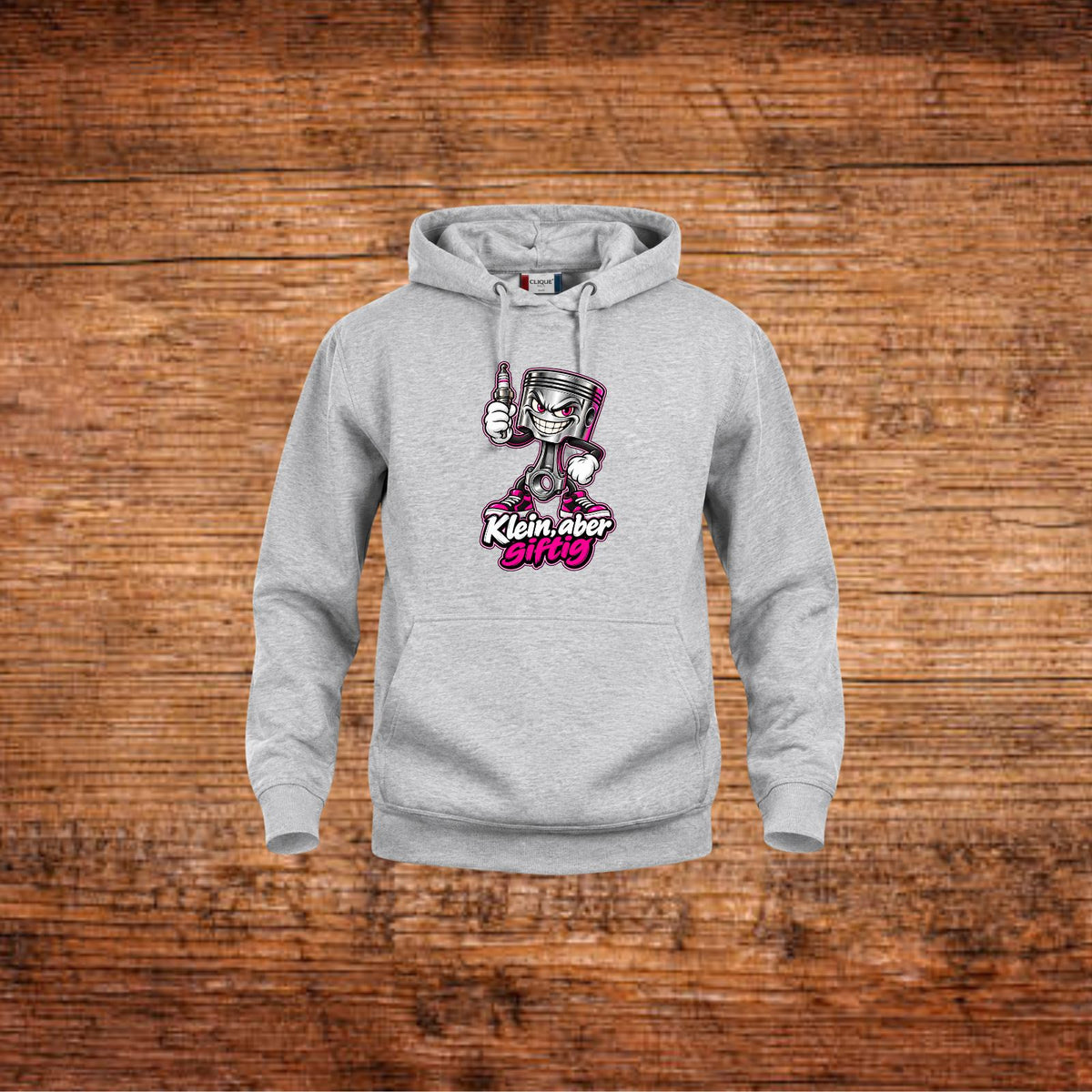 Hellgrauer Hoodie mit Kapuze und Kolben-Motiv auf der Brust