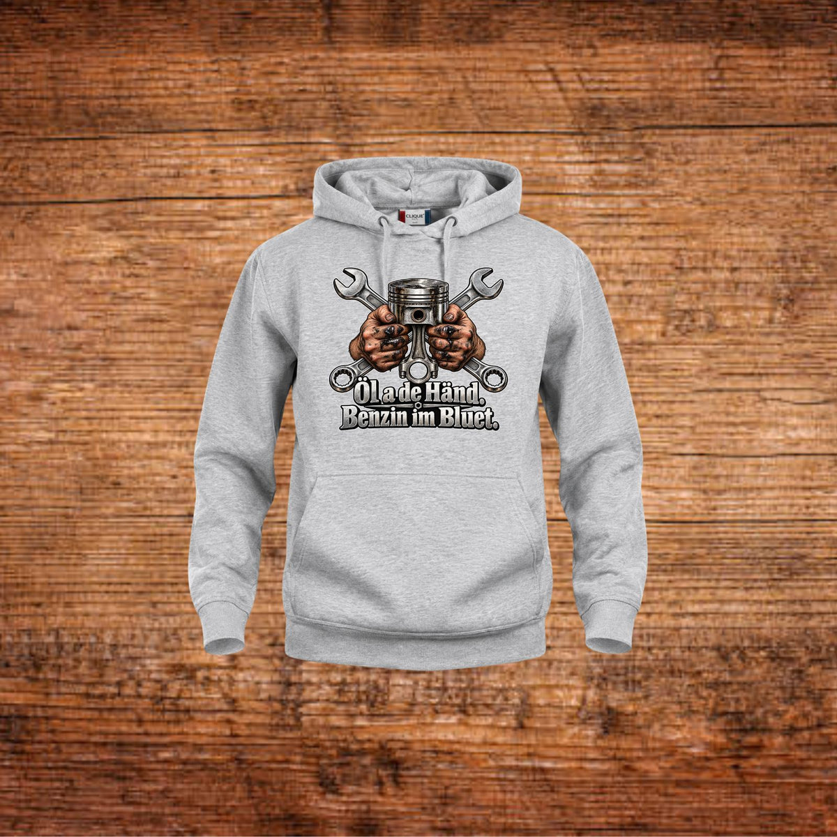 Graue Hoodie mit Kapuze und Schrauber-Print: Motor zwischen Händen, Text vorn