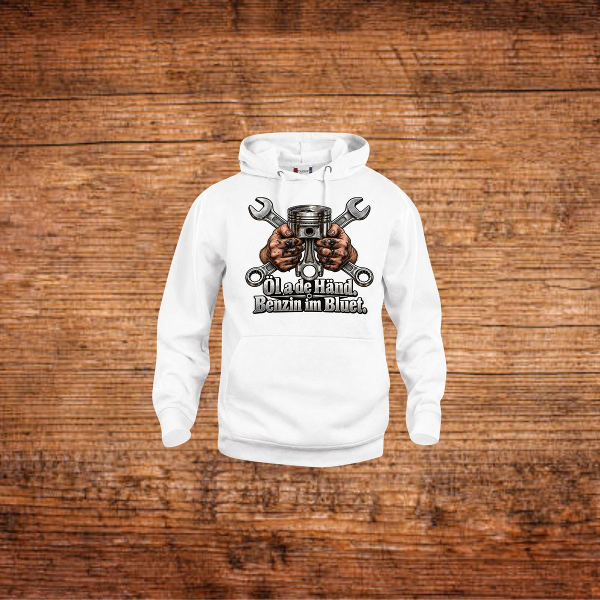 Weiße Hoodie mit Kapuze und Schrauber-Motiv, Riesenhands mit Motor, Spruch vorn