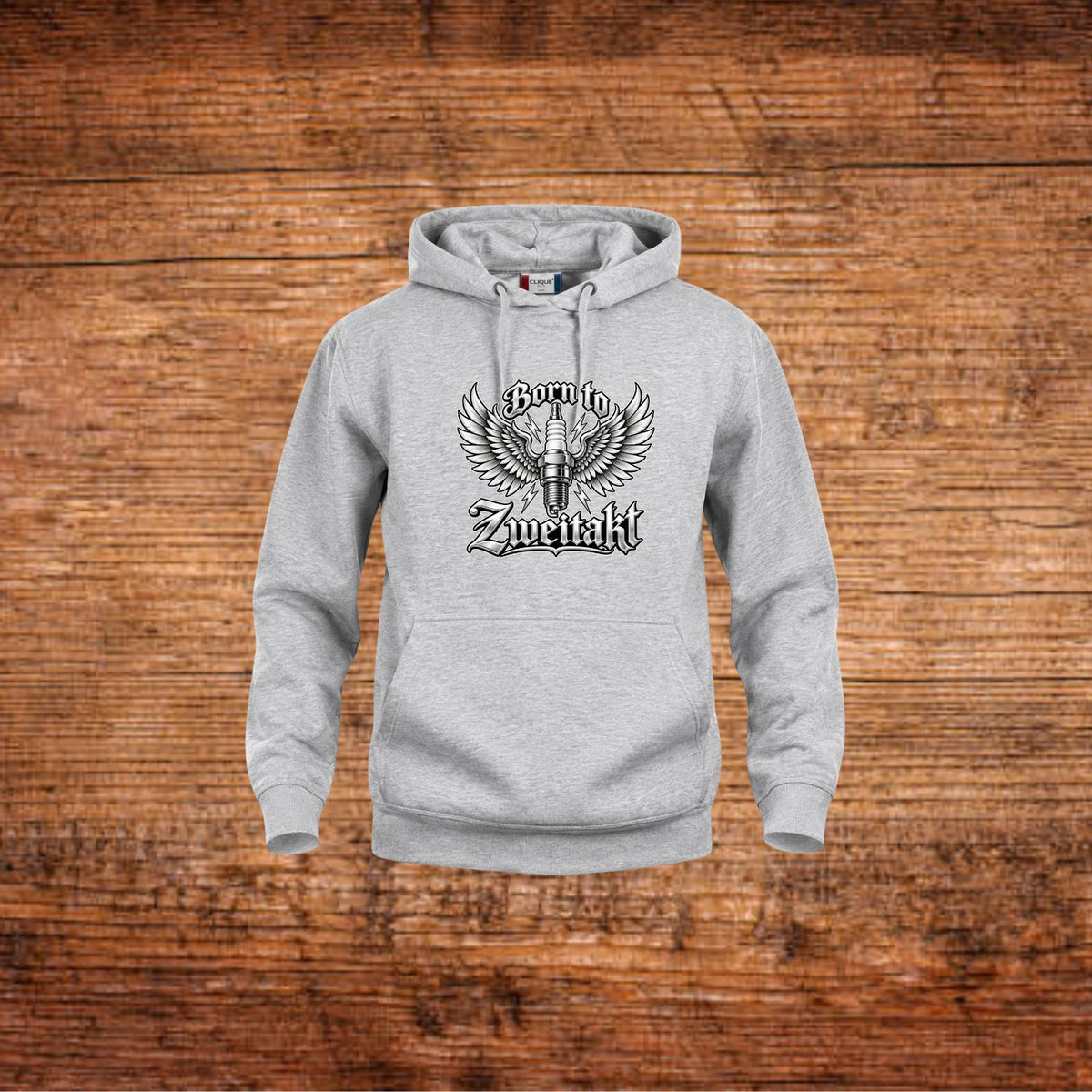 Zweitakt Hoodie in Grau mit Kapuze und Frontdruck mit Zündkerzen-Flügel-Motiv